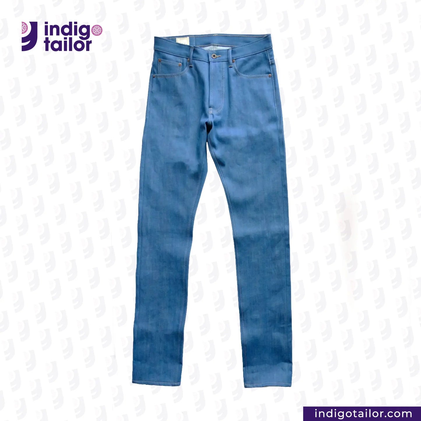 AOZORA SKY BLUE DENIM Blue jeans with 'Indigo Tailor' logo and website on a white background