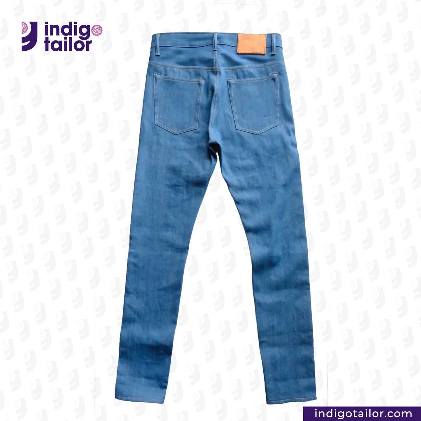 AOZORA SKY BLUE DENIM jeans with 'indigotailor' branding on a light gray background