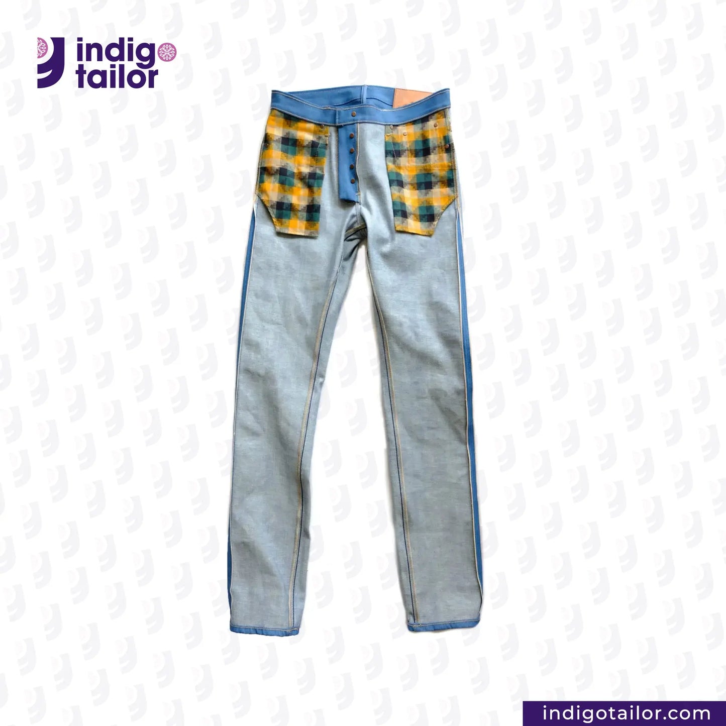 AOZORA SKY BLUE DENIM Pair of jeans with plaid accents on a white background, featuring the Indigotailor logo.