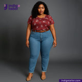Woman wearing a floral top and AOZORA SKY BLUE SELVEDGE jeans with Indigotailor logo and website on a gray background
