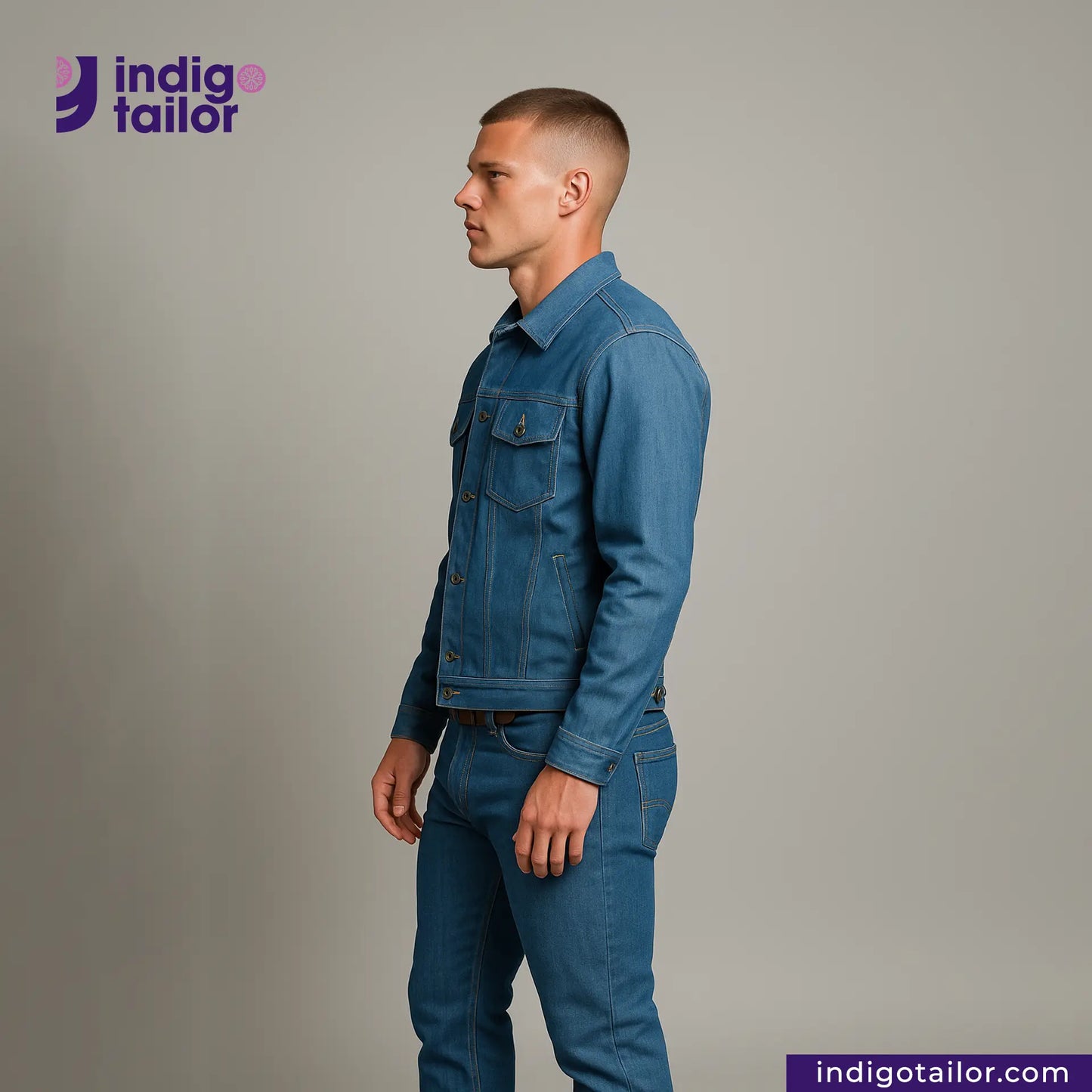 Man wearing a AOZORA SKY BLUE TYPE II PLUS JACKET and pants with 'Indigotailor' branding on a gray background.