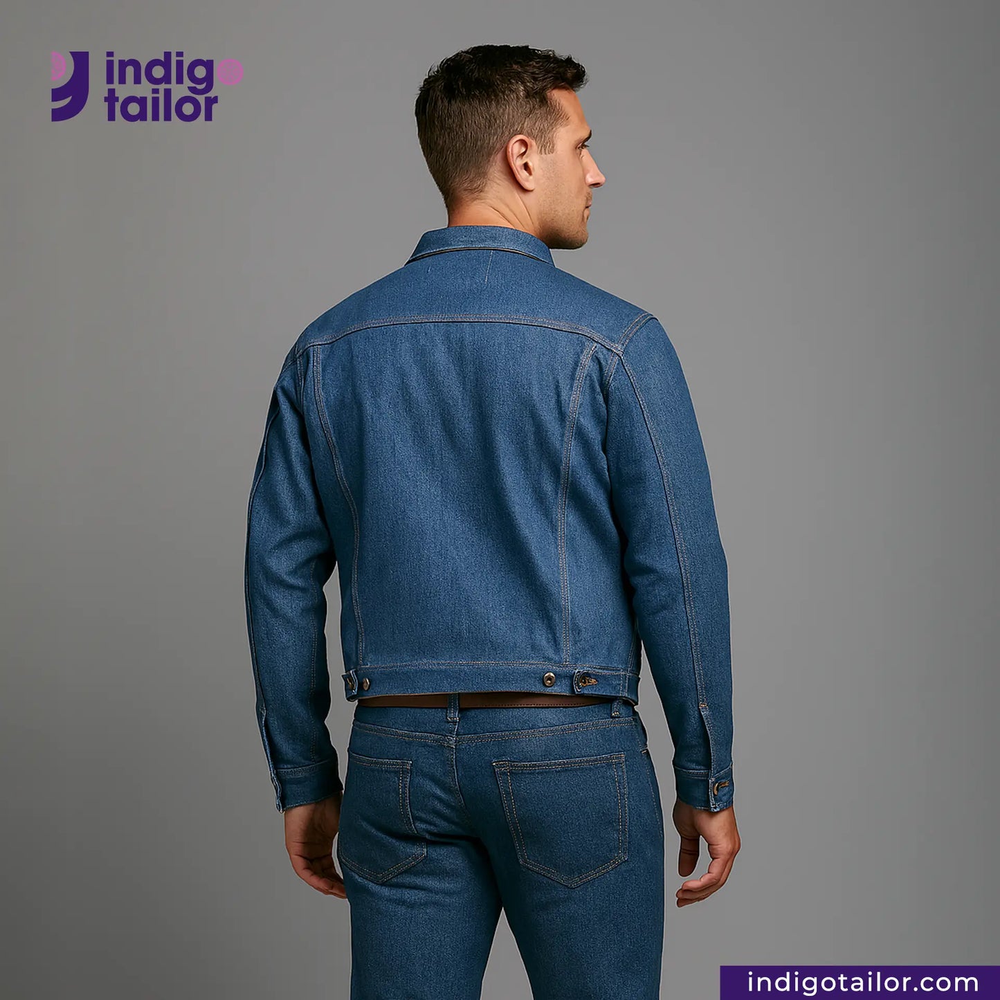 Man wearing a AOZORA SKY BLUE TYPE II PLUS JACKET and pants with 'indigotailor' branding on a gray background.