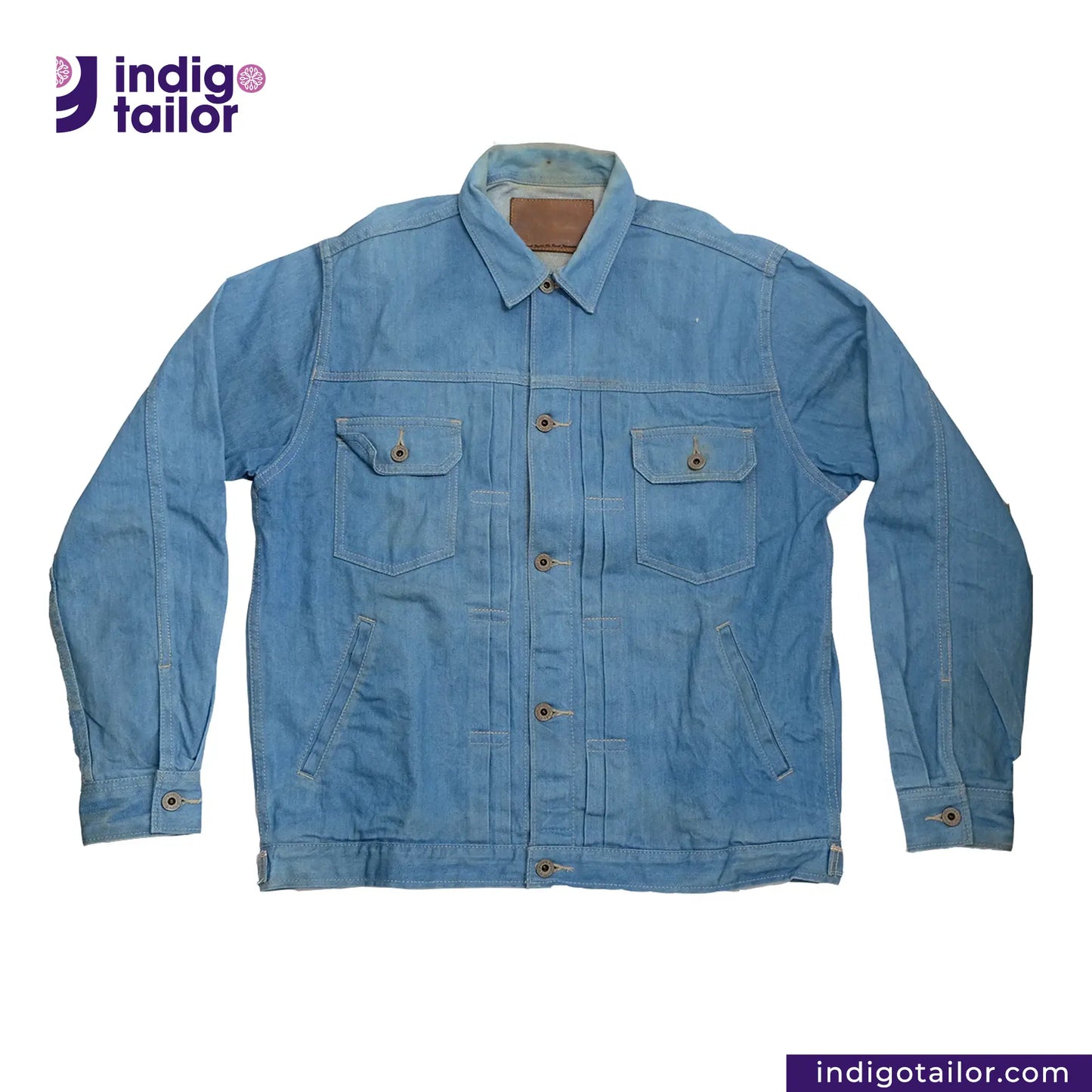AOZORA SKY BLUE TYPE II PLUS JACKET on a white background with 'Indigo Tailor' branding.