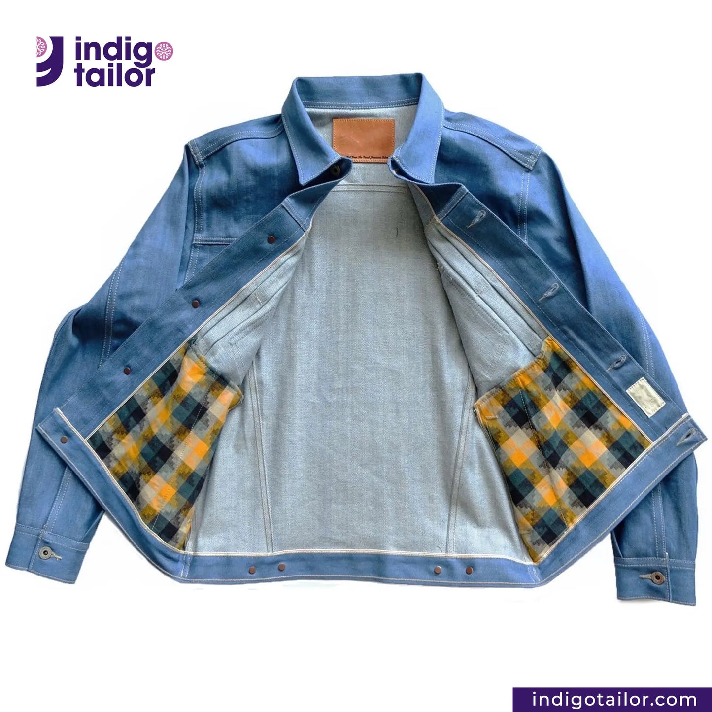 AOZORA SKY BLUE TYPE II PLUS JACKET with plaid lining on a white background, featuring the Indigotailor logo.