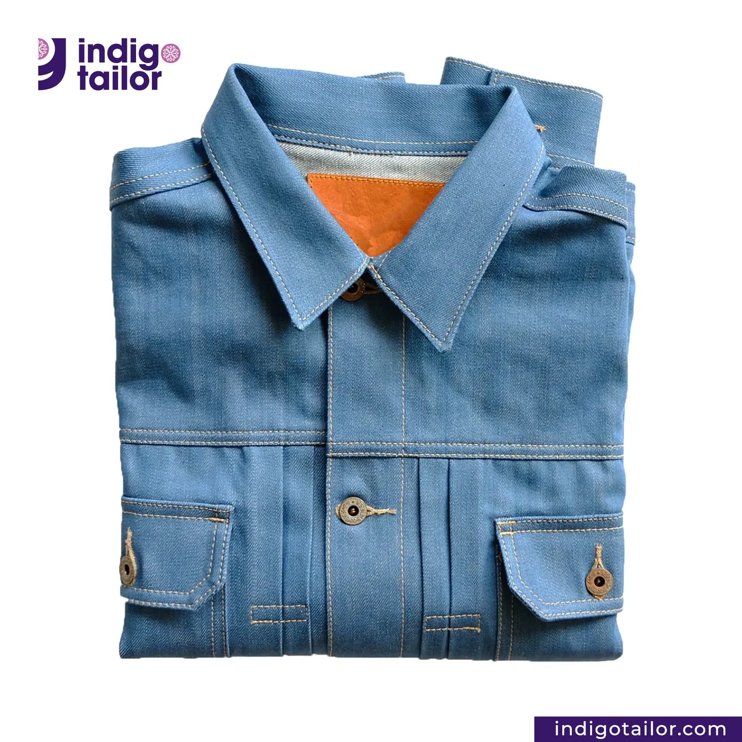 AOZORA SKY BLUE TYPE II PLUS JACKET with orange lining on a white background, featuring the Indigotailor logo.