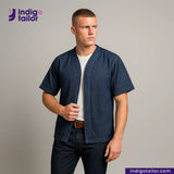 Man wearing a BASEBALL NORAGI (DARK INDIGO) shirt with 'Indigo Tailor' logo in the corner.