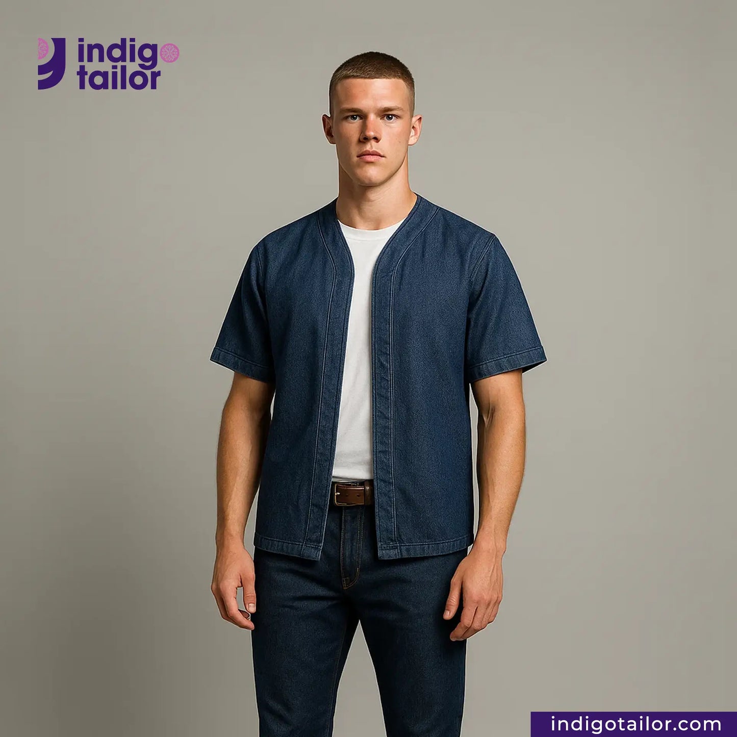 Man wearing a BASEBALL NORAGI (DARK INDIGO) denim shirt over a white t-shirt with 'Indigo Tailor' logo.