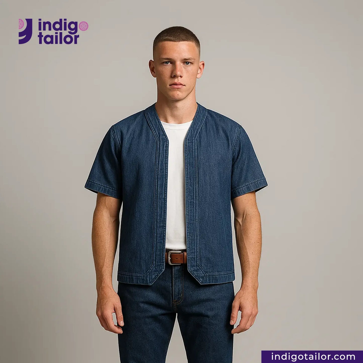 Man wearing a BASEBALL NORAGI (DARK INDIGO) denim shirt over a white t-shirt with 'Indigo Tailor' branding.