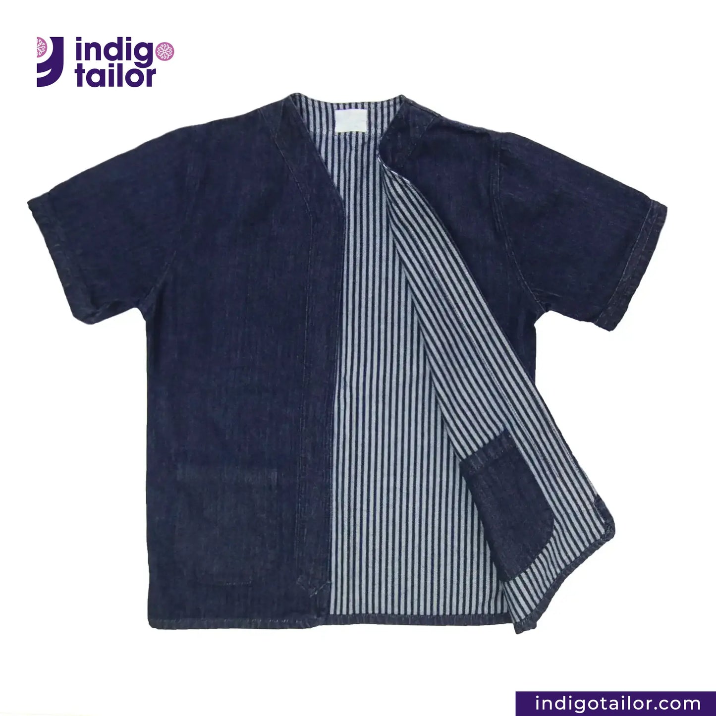 BASEBALL NORAGI (DARK INDIGO) shirt with striped pattern on a white background, featuring 'indigotailor' logo.