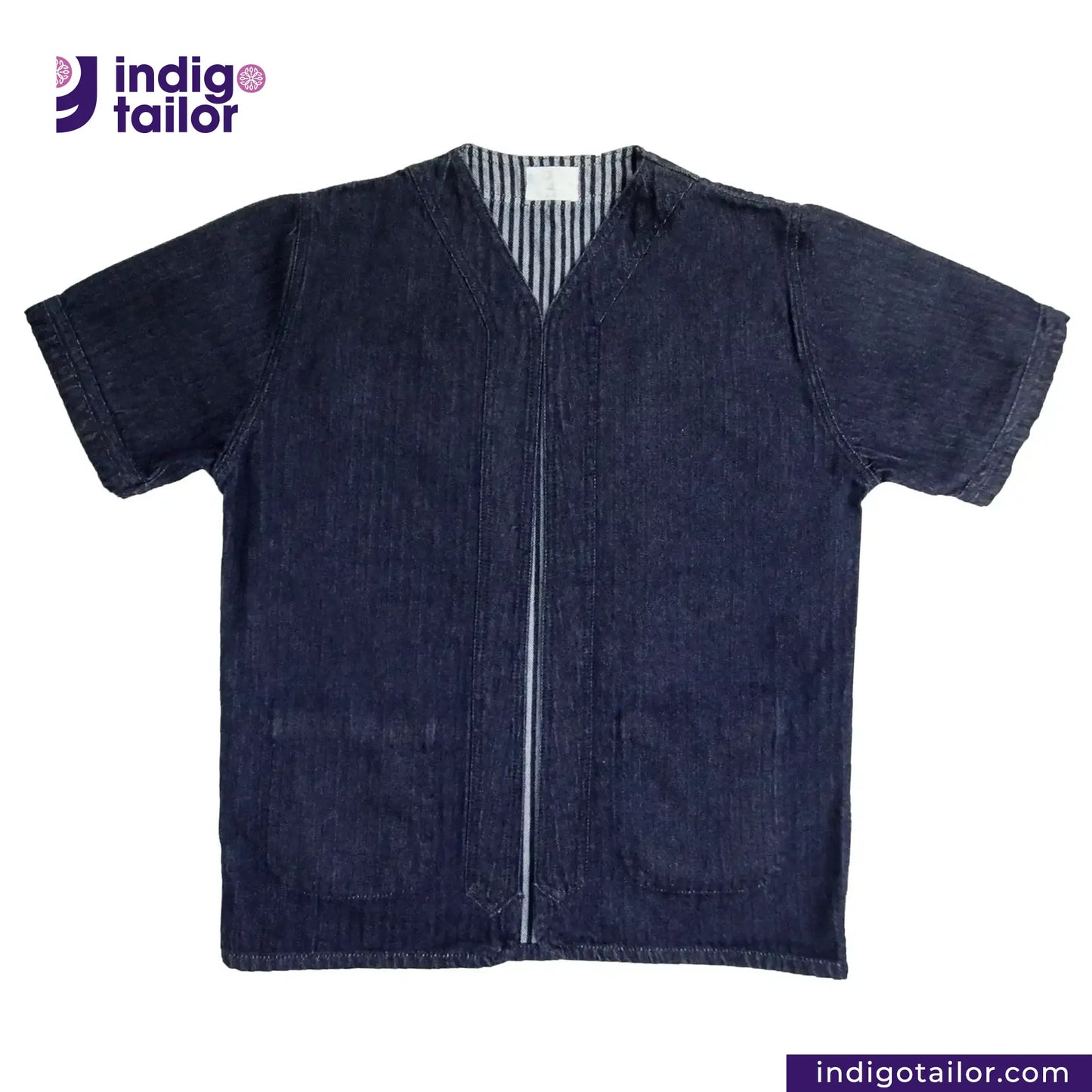 BASEBALL NORAGI (DARK INDIGO) Denim shirt with a zipper on a white background, branded with 'Indigo Tailor'.