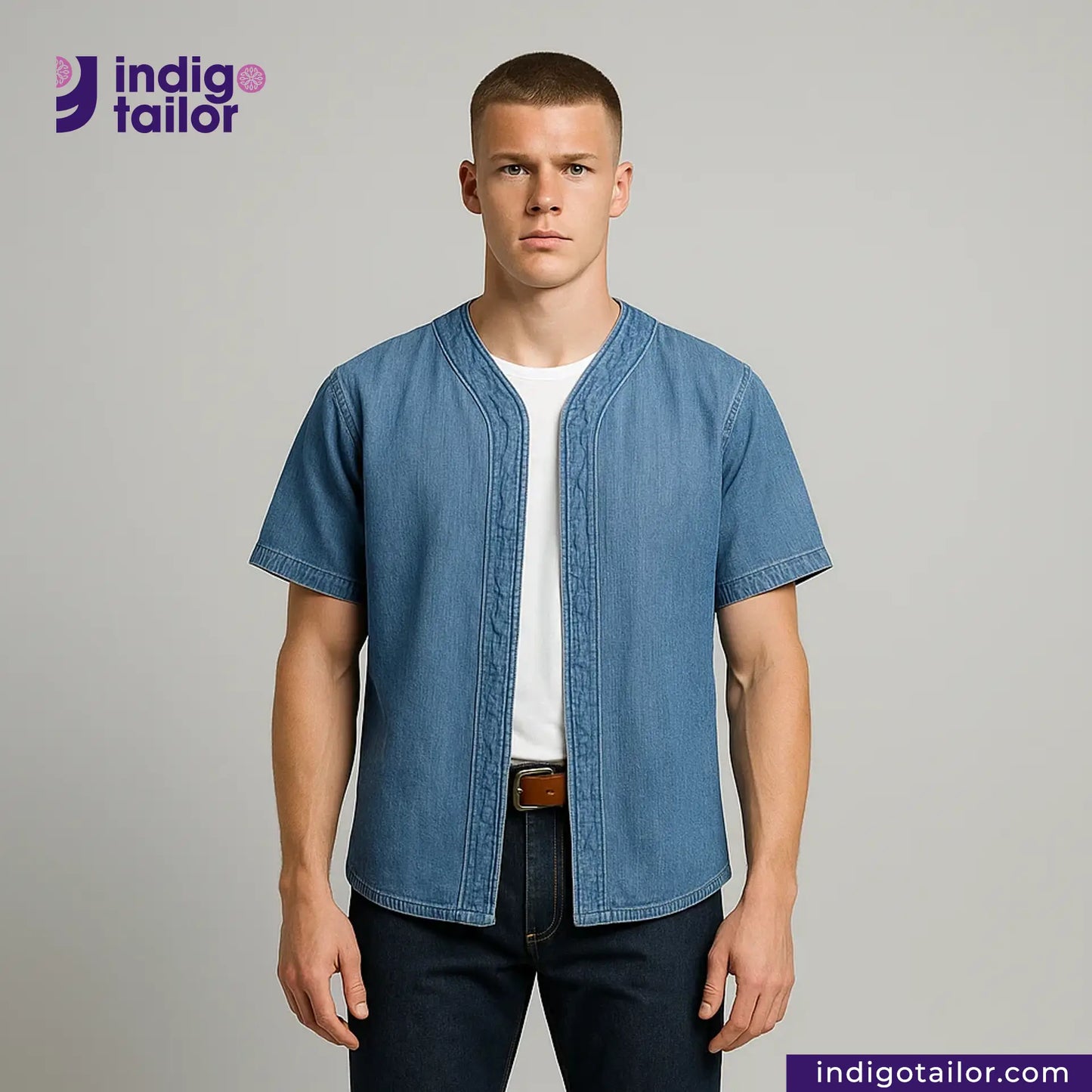 Man wearing a BASEBALL NORAGI (VINTAGE BLUE) shirt over a white t-shirt with 'Indigo Tailor' branding.