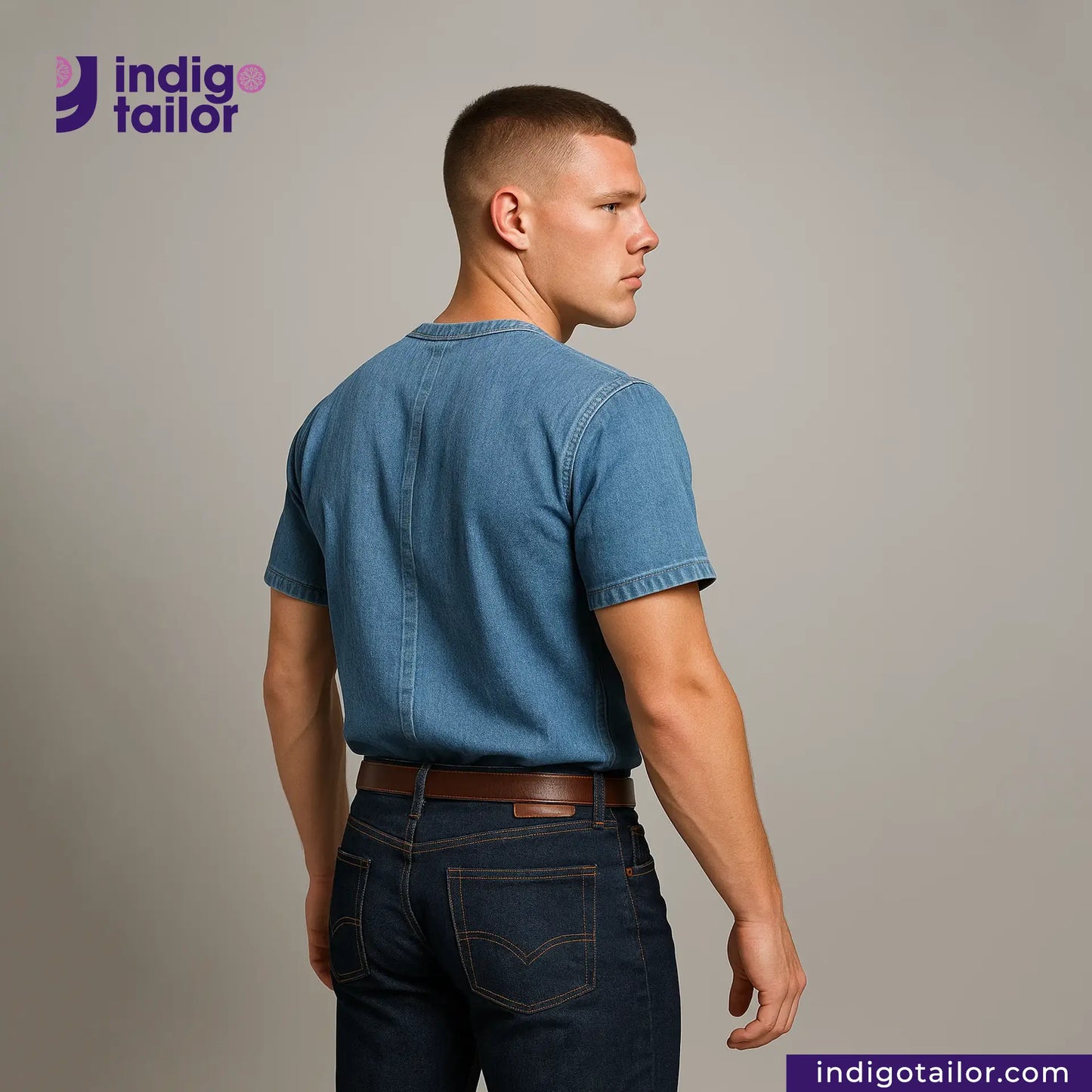Man wearing a BASEBALL NORAGI (VINTAGE BLUE) shirt and jeans with 'Indigo Tailor' logo and website on a gray background