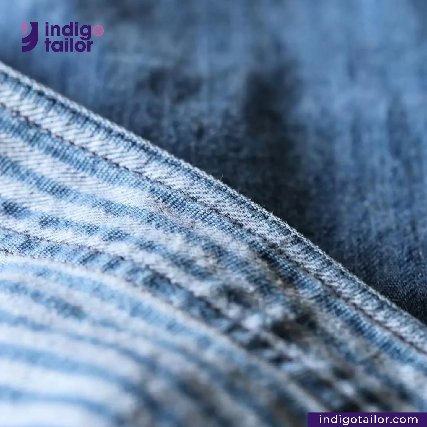 Close-up of BASEBALL NORAGI (VINTAGE BLUE) fabric with 'Indigotailor' logo and website text.