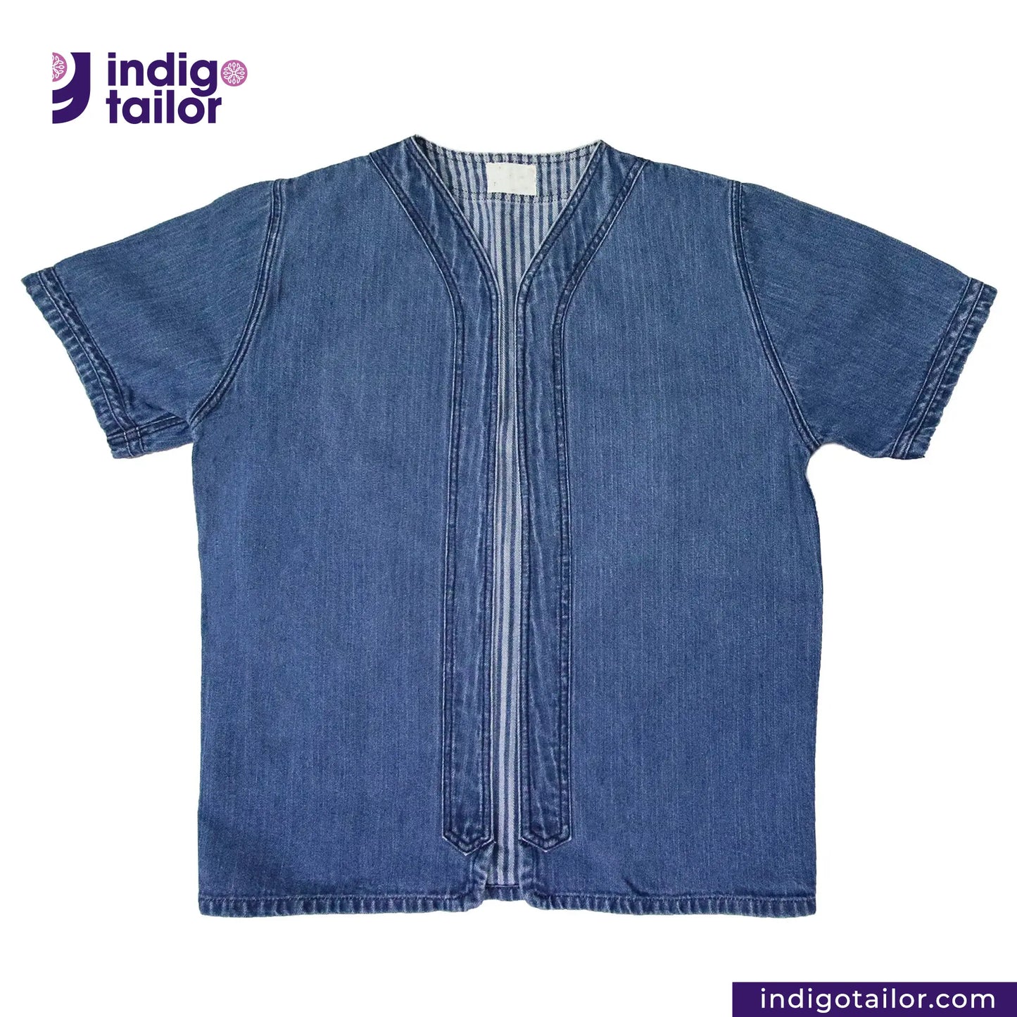 BASEBALL NORAGI (VINTAGE BLUE) shirt with a zipper on a white background, featuring the Indigotailor logo.