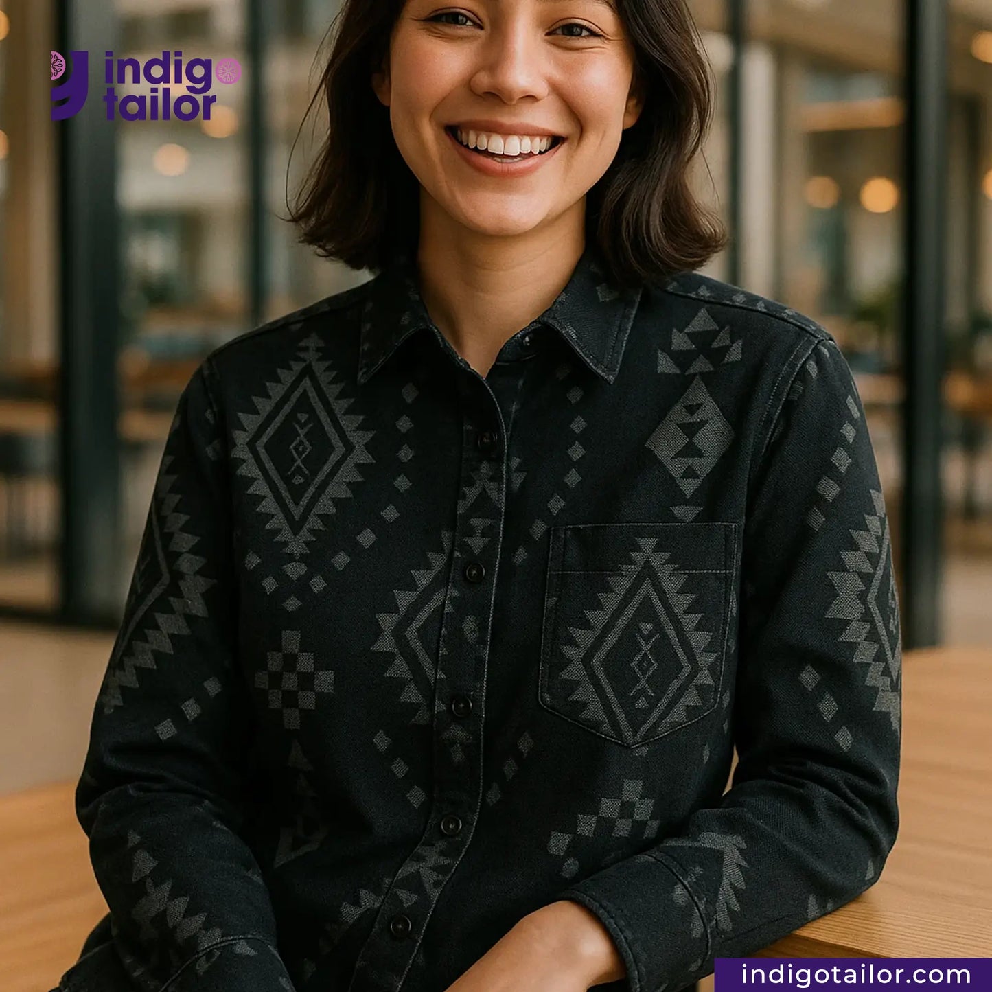 Woman wearing a BLACK NATIVE AMERICAN JACQUARD shirt with Indigotailor logo in the corner.