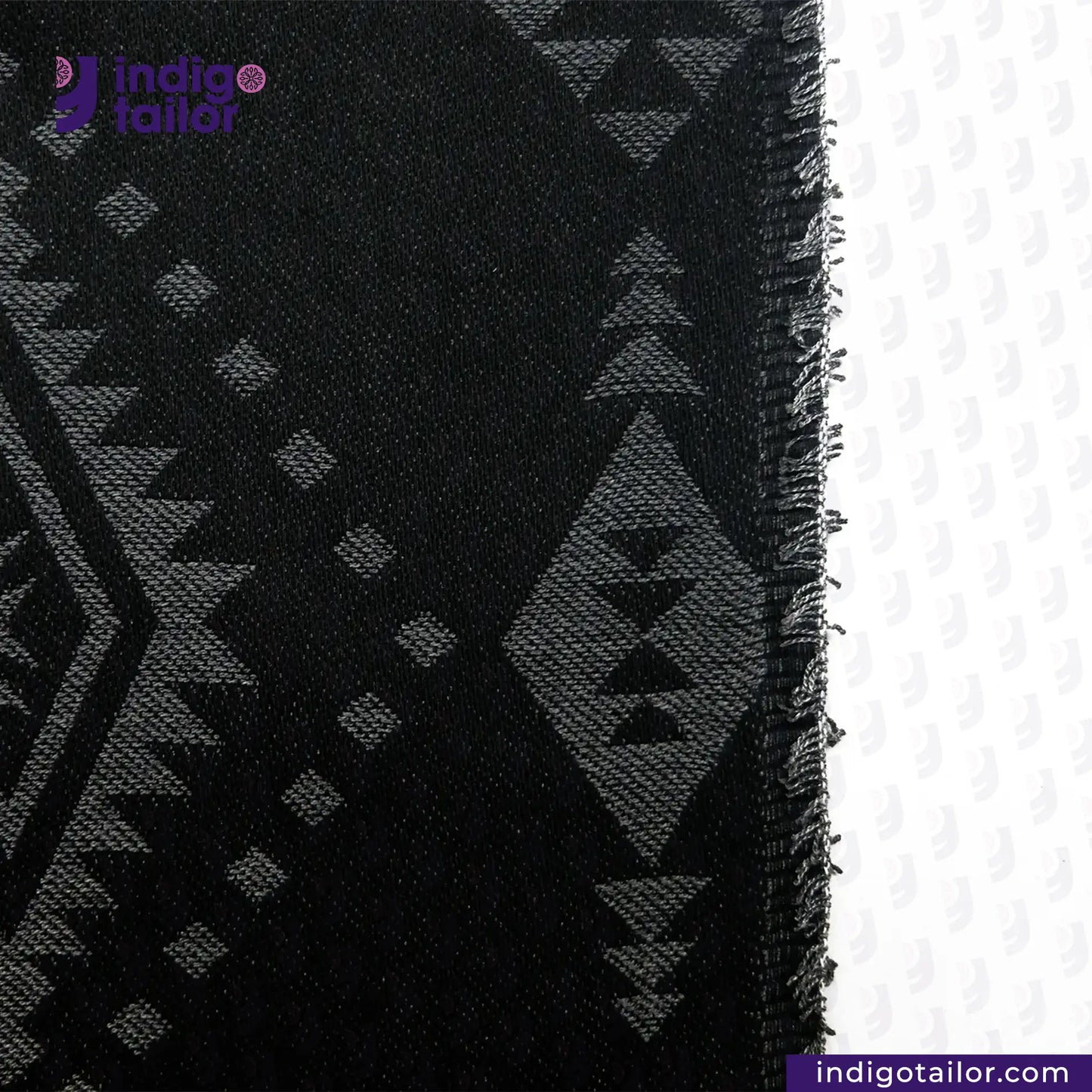 BLACK NATIVE AMERICAN JACQUARD fabric with geometric pattern on a white background, featuring the Indigotailor logo.