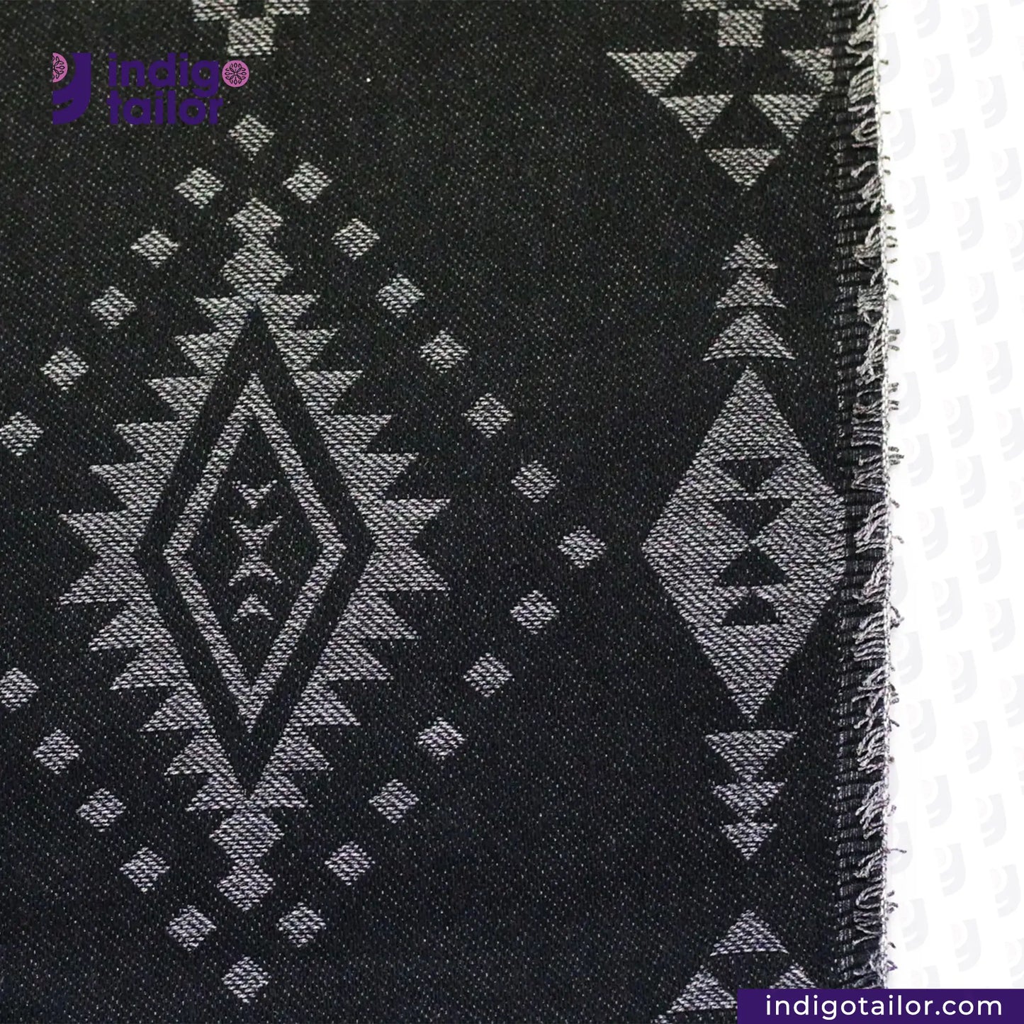 BLACK NATIVE AMERICAN JACQUARD fabric with geometric pattern, brand 'Indigo Tailor' visible
