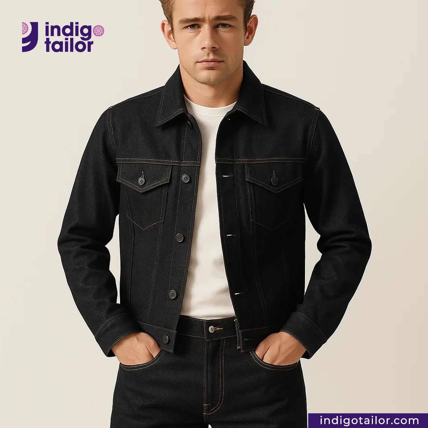 Man wearing a BLACK SLUBBY SELVEDGE DENIM jacket with 'Indigo Tailor' logo above.