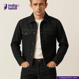Man wearing a BLACK SLUBBY SELVEDGE DENIM jacket with 'Indigo Tailor' logo above.