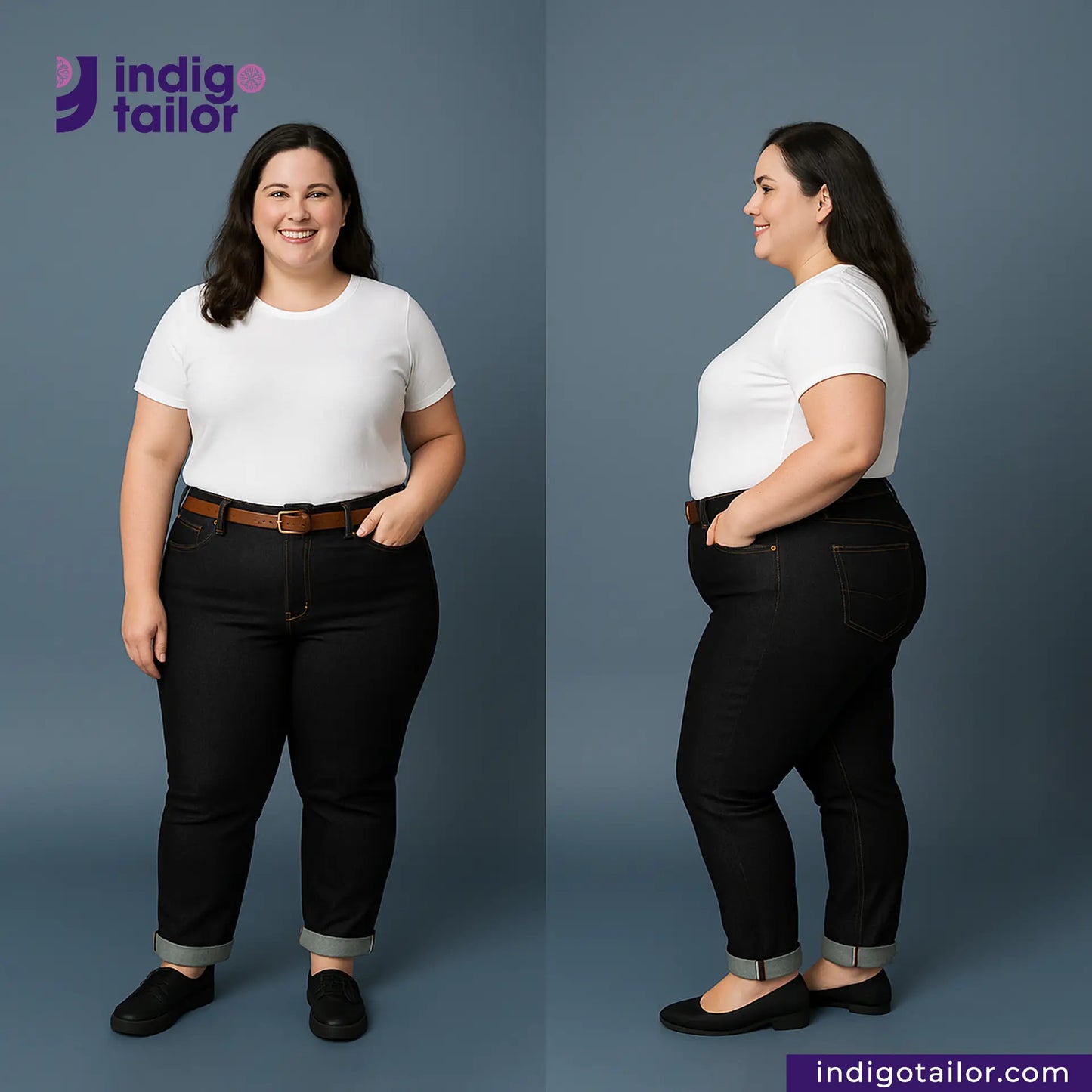 Woman modeling BLACK SLUBBY SELVEDGE DENIM pants from front and side views with Indigotailor logo.