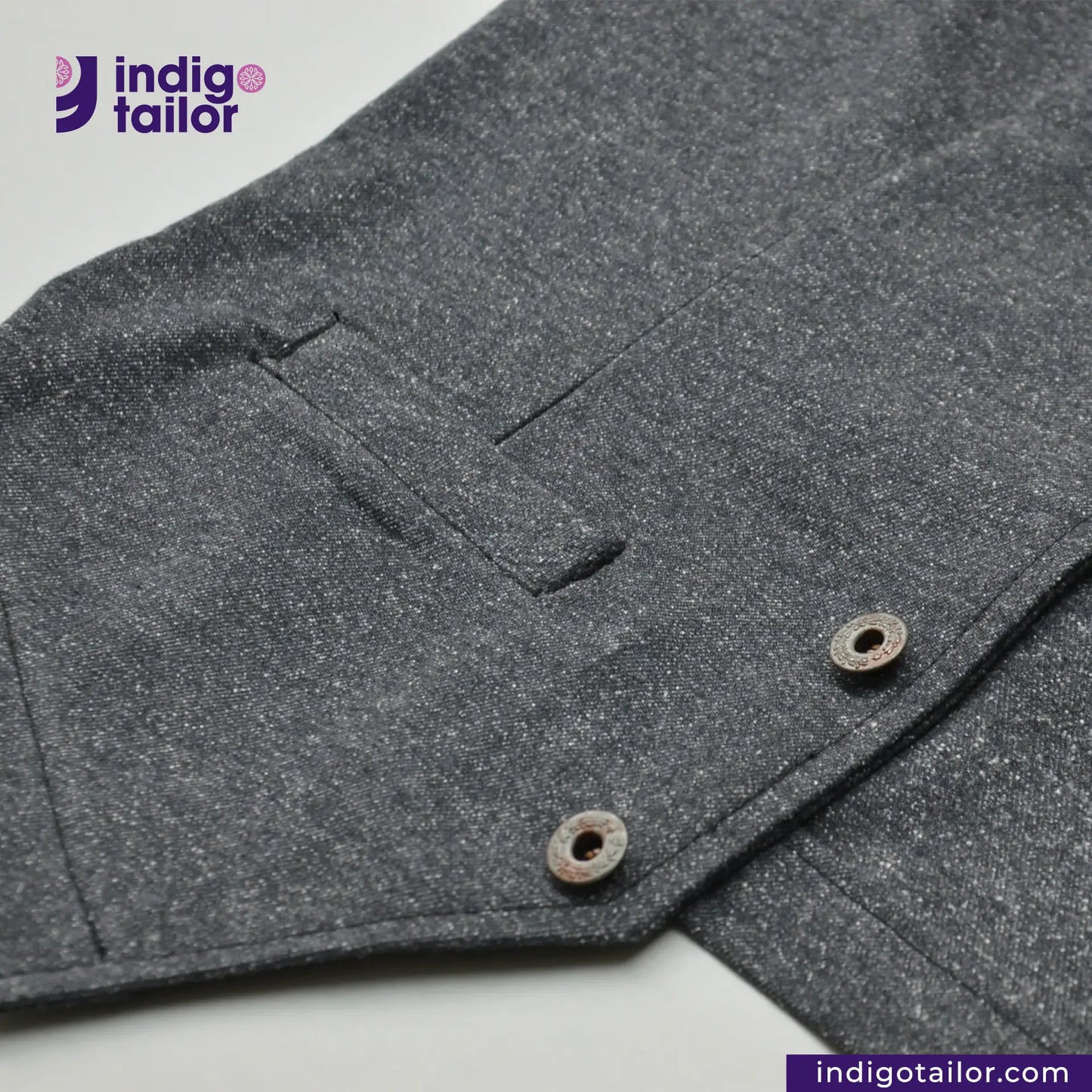 BLACK TWEED WORK VEST with buttons on a white background, featuring the Indigotailor logo.