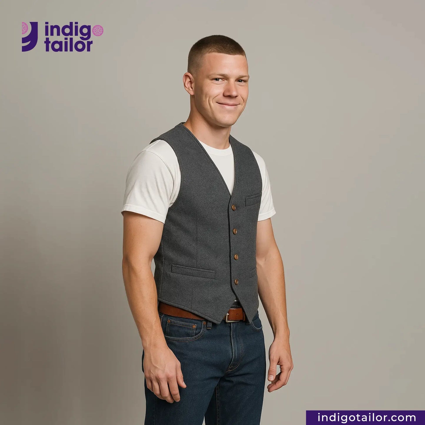 Man wearing a BLACK TWEED WORK VEST over a white shirt with 'Indigo Tailor' branding.