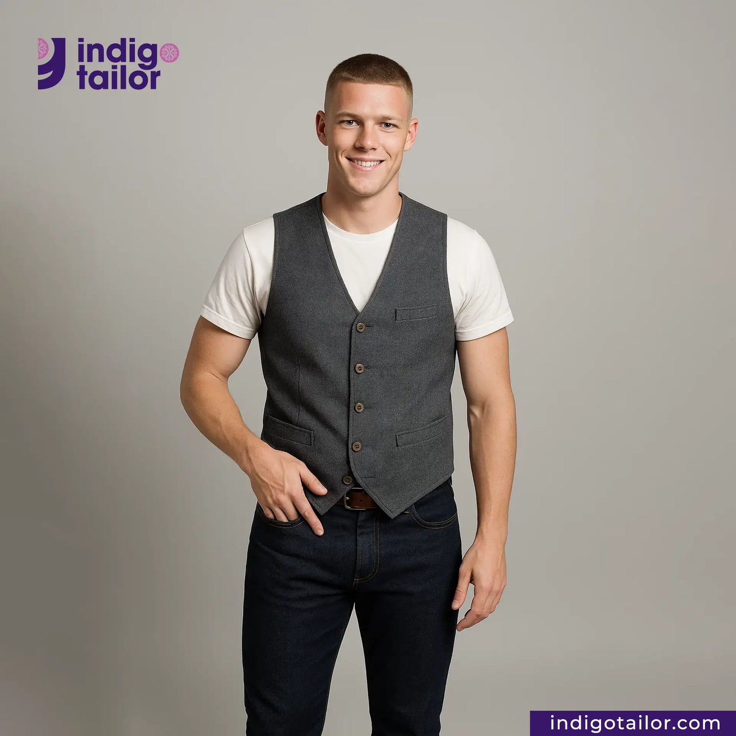 Man wearing a BLACK TWEED WORK VEST over a white shirt with 'Indigo Tailor' branding.