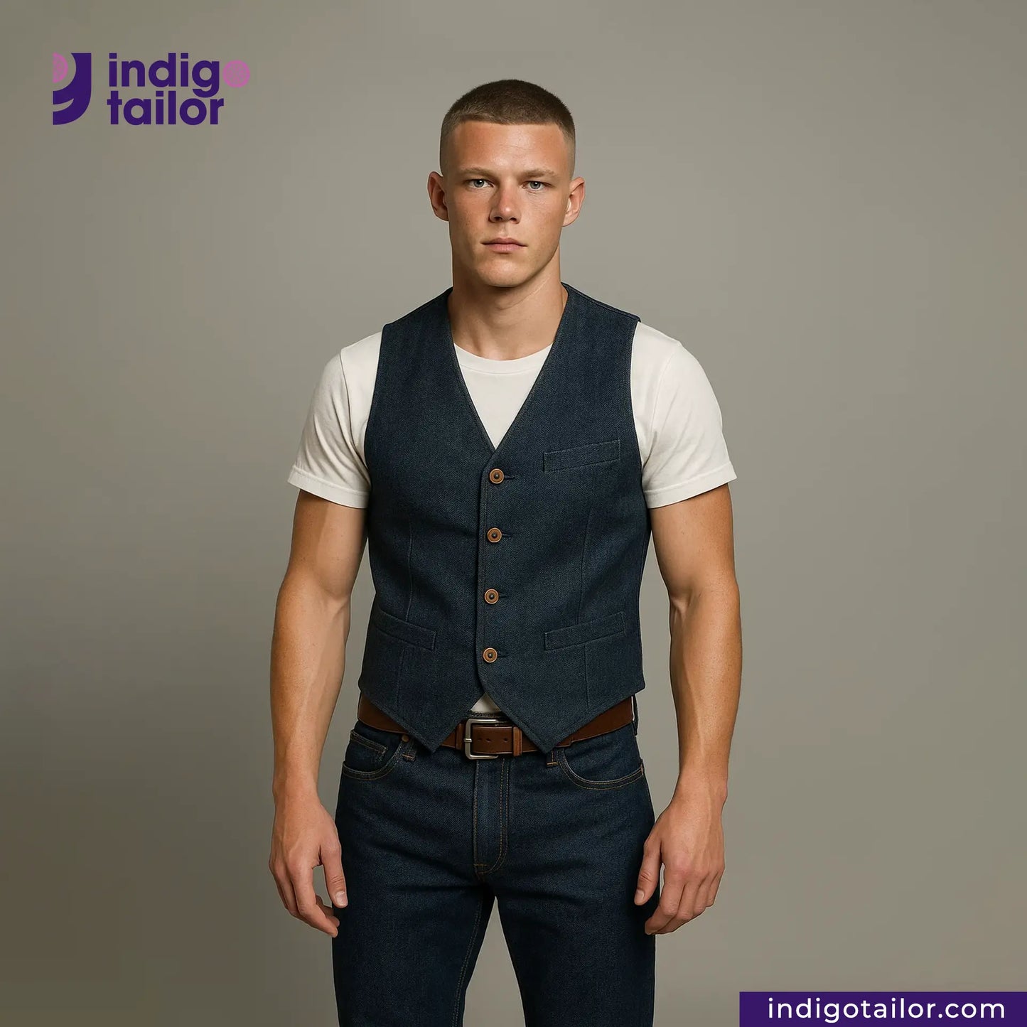 Man wearing a BLACK TWEED WORK VEST over a white shirt with 'indigotailor' branding.