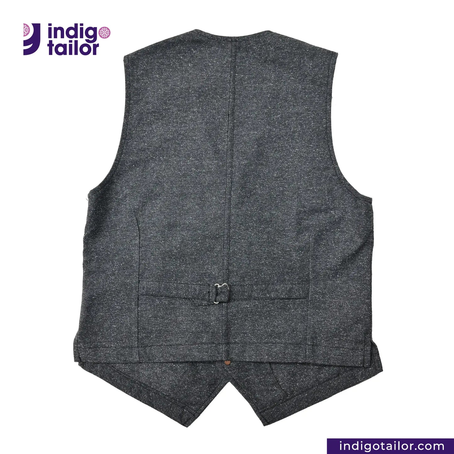 BLACK TWEED WORK VEST on a white background with 'Indigotailor' branding.