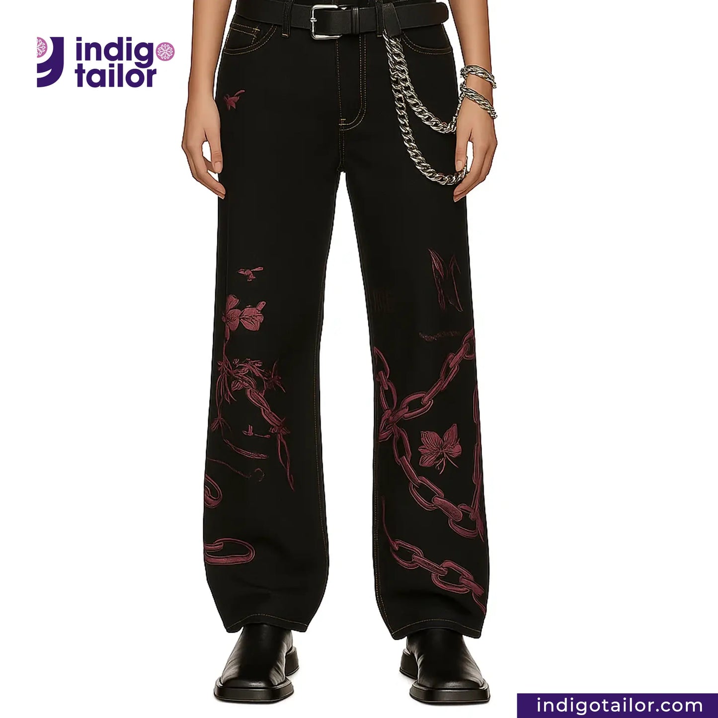 BLACK X BLACK SELVEDGE DENIM pants with pink designs worn by a person, brand 'Indigotailor' visible
