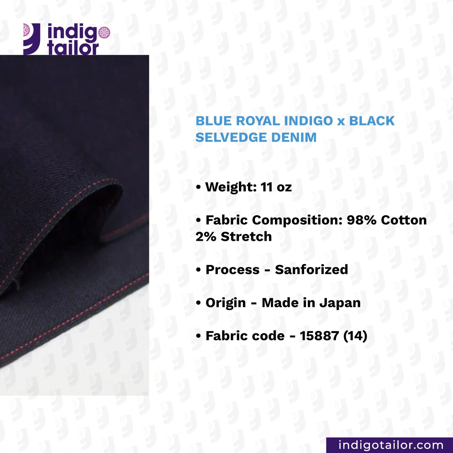 Blue Royal Indigo x Black Selvedge Denim fabric with product details on a white background. BLUE ROYAL INDIGO x BLACK SELVEDGE DENIM