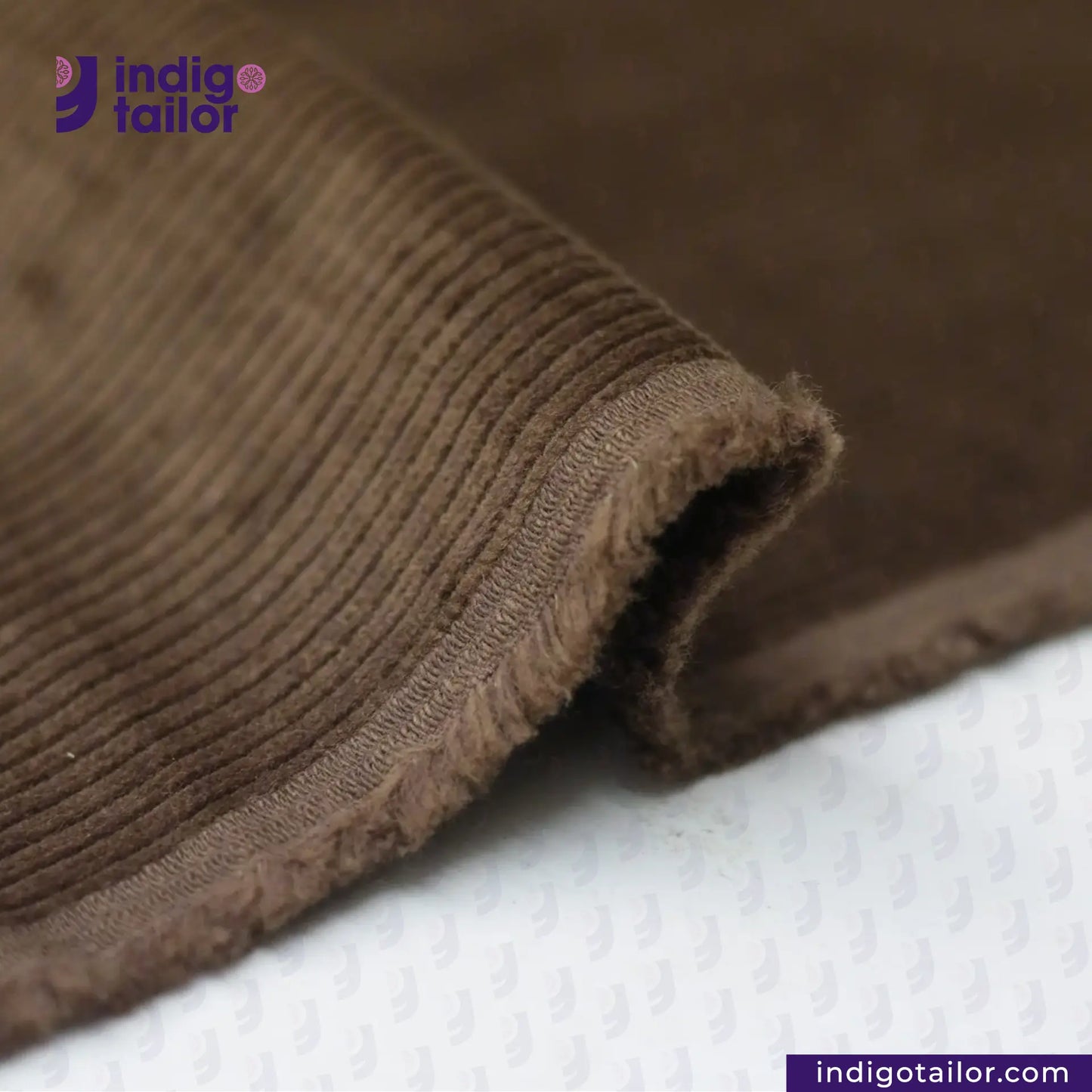 BROWN CORDUROY fabric with 'Indigotailor' logo and website on a white background