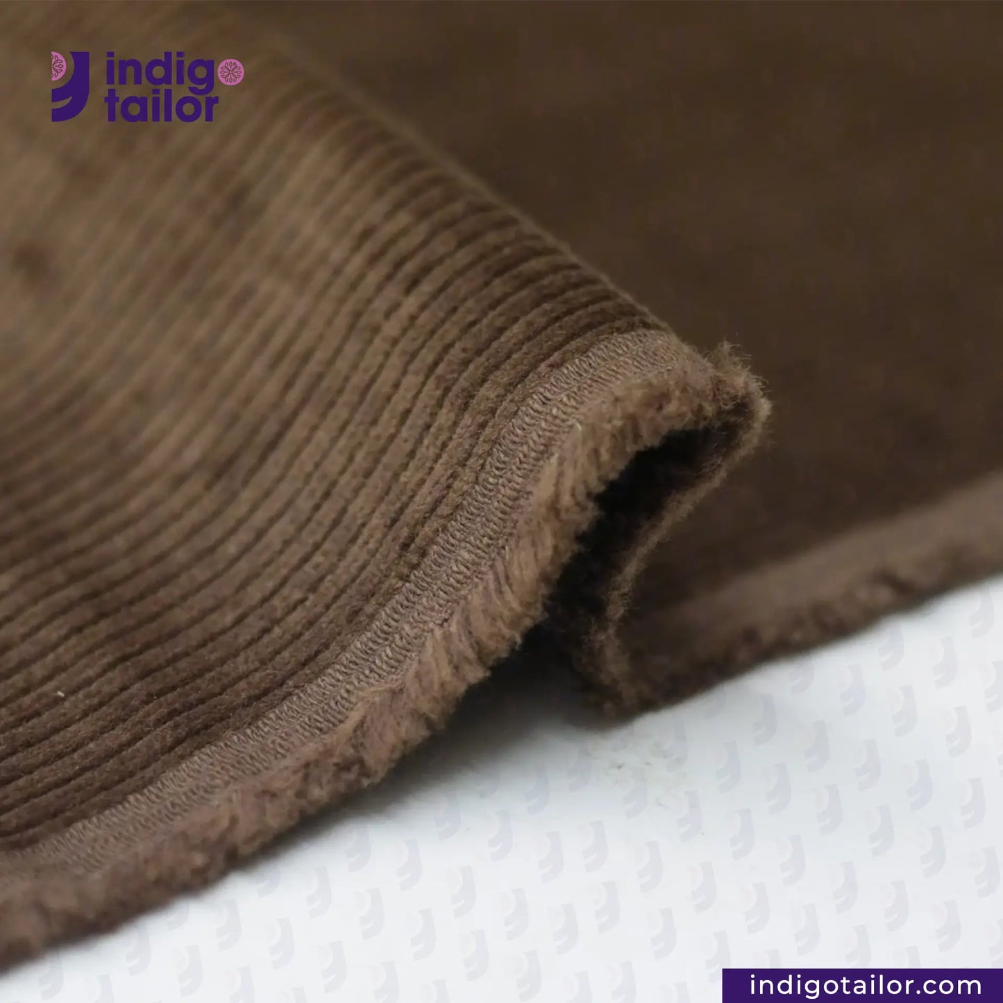 BROWN CORDUROY fabric with 'Indigo Tailor' logo in the corner.