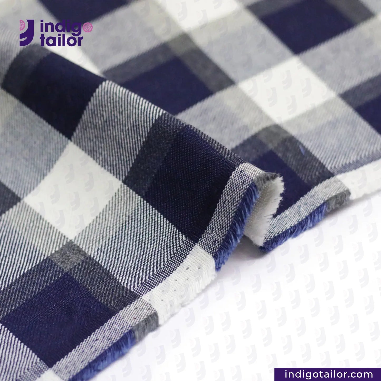 BRUSHED FLANNEL INDIGO BEIGE GREY CHECK fabric with a visible brand logo on a white background