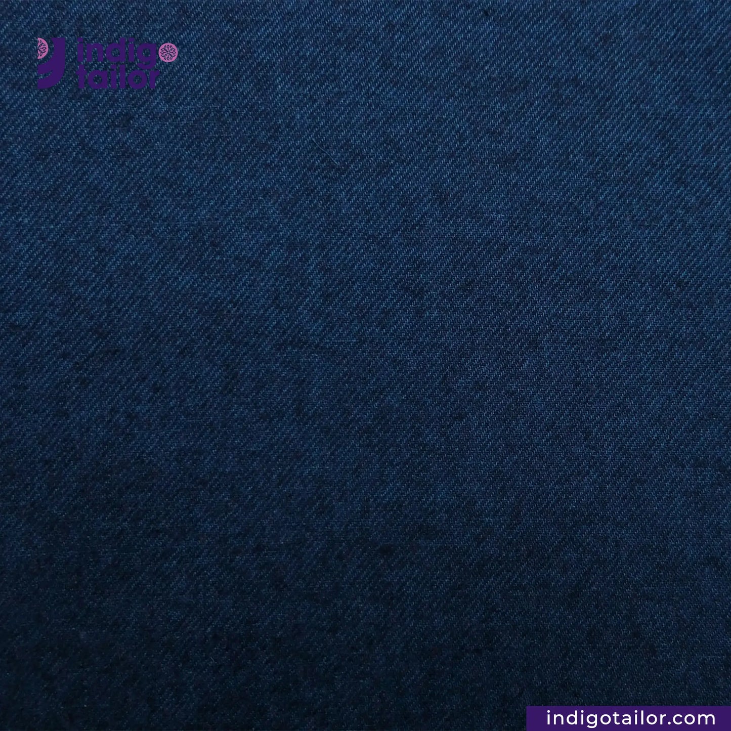 BRUSHED INDIGO VIBRANT BLUE fabric texture with 'Indigo Tailor' logo in the corner.