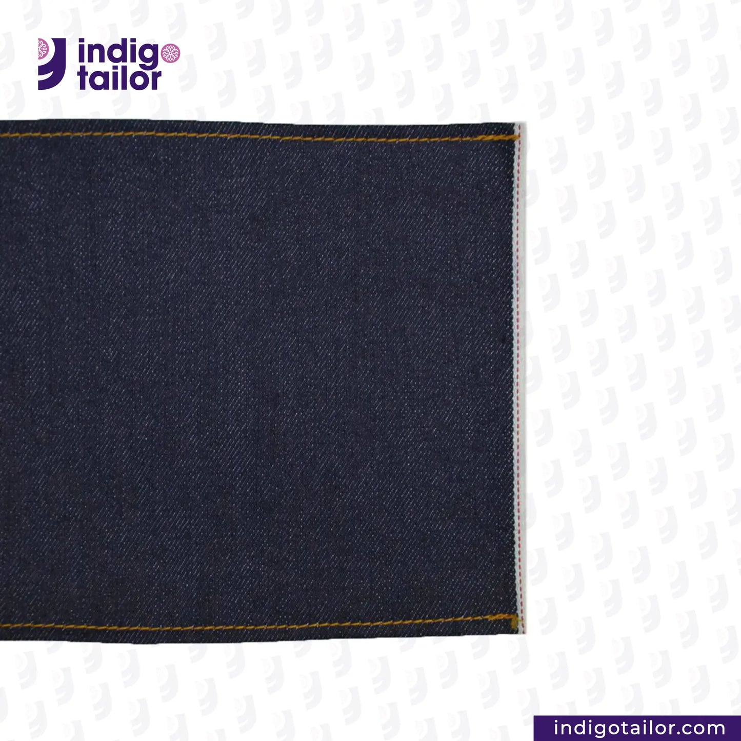 Close-up of CLASSIC BLUE SELVEDGE DENIM fabric with yellow stitching on a white background, featuring the Indigotailor logo.