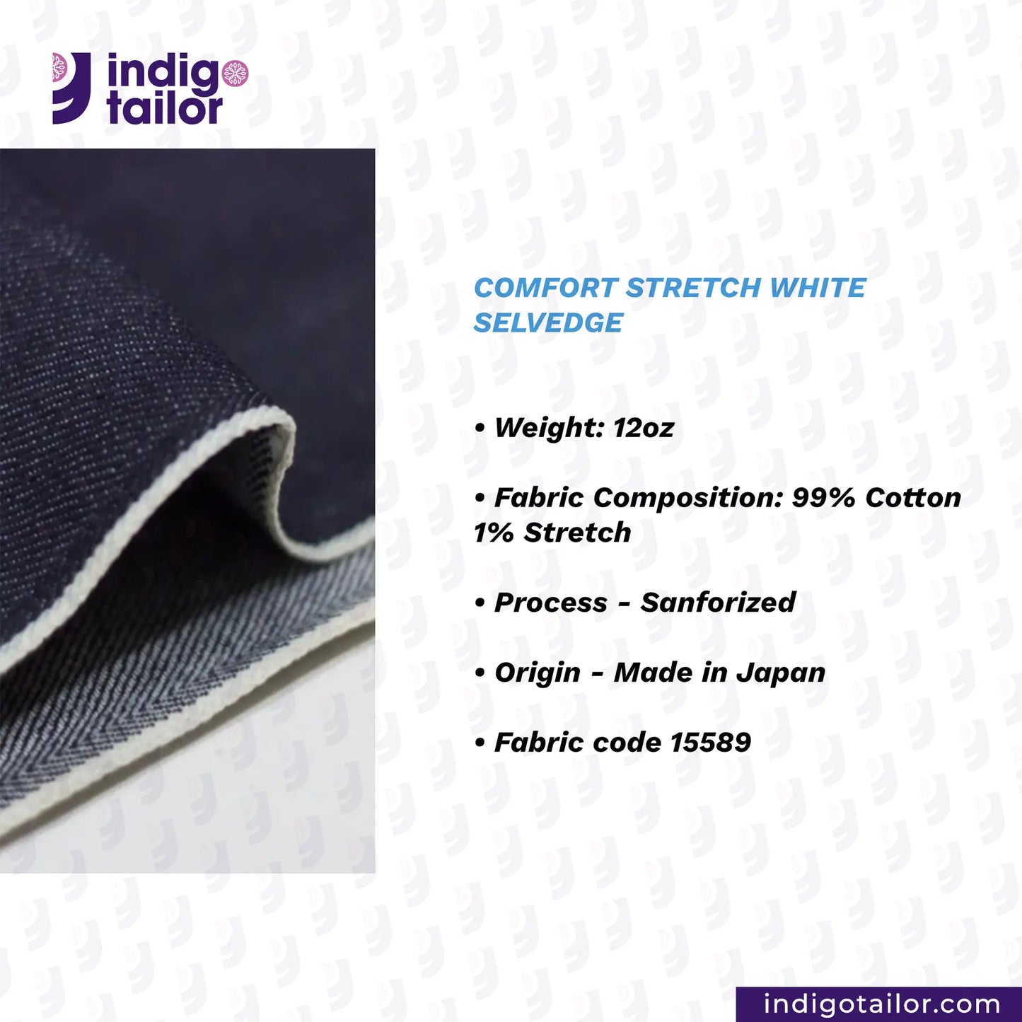COMFORT STRETCH WHITE SELVEDGE fabric with 'indigotailor' branding and product details on a white background
