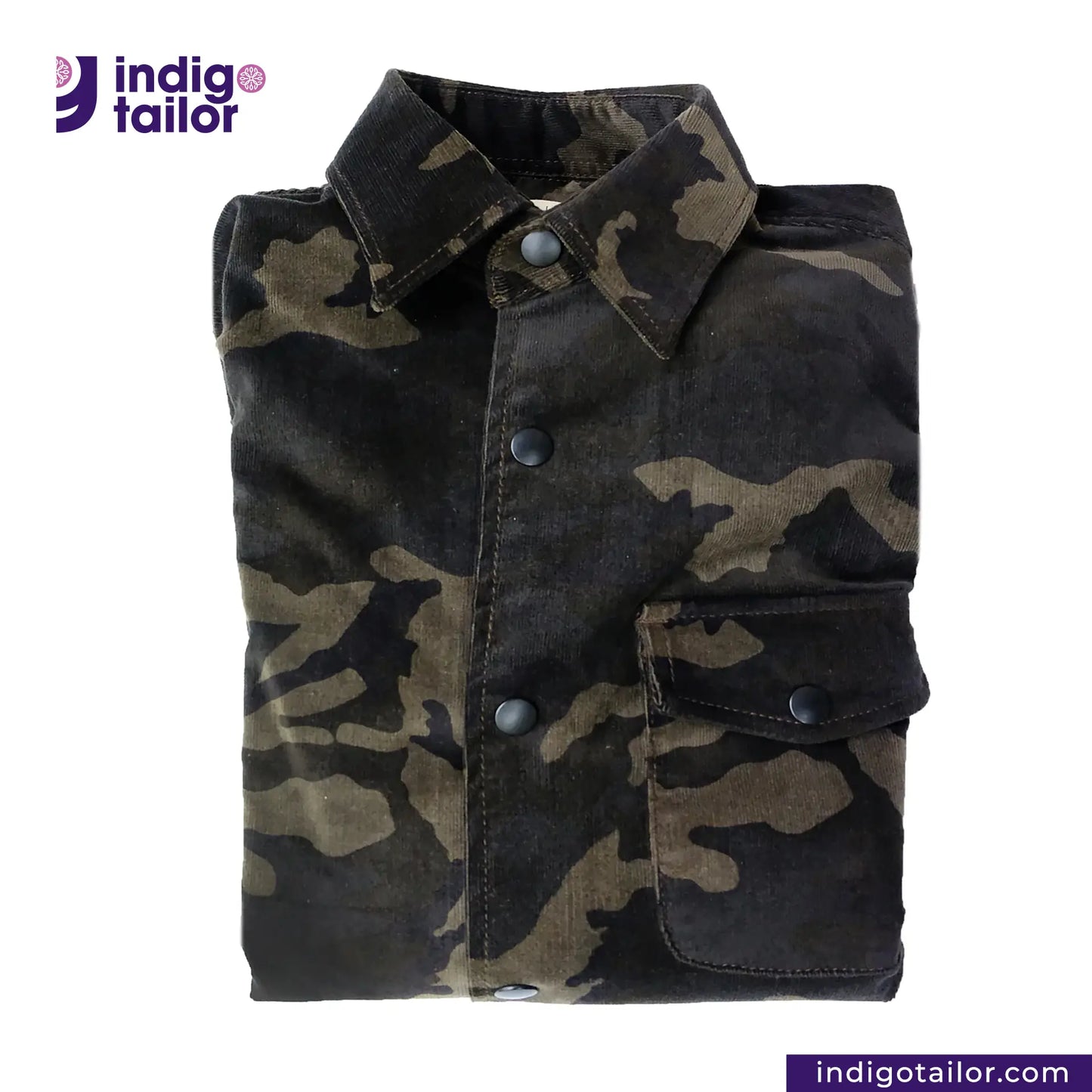CORD CAMO OVERSHIRT Camouflage shirt with button details on a white background, featuring the Indigotailor logo.