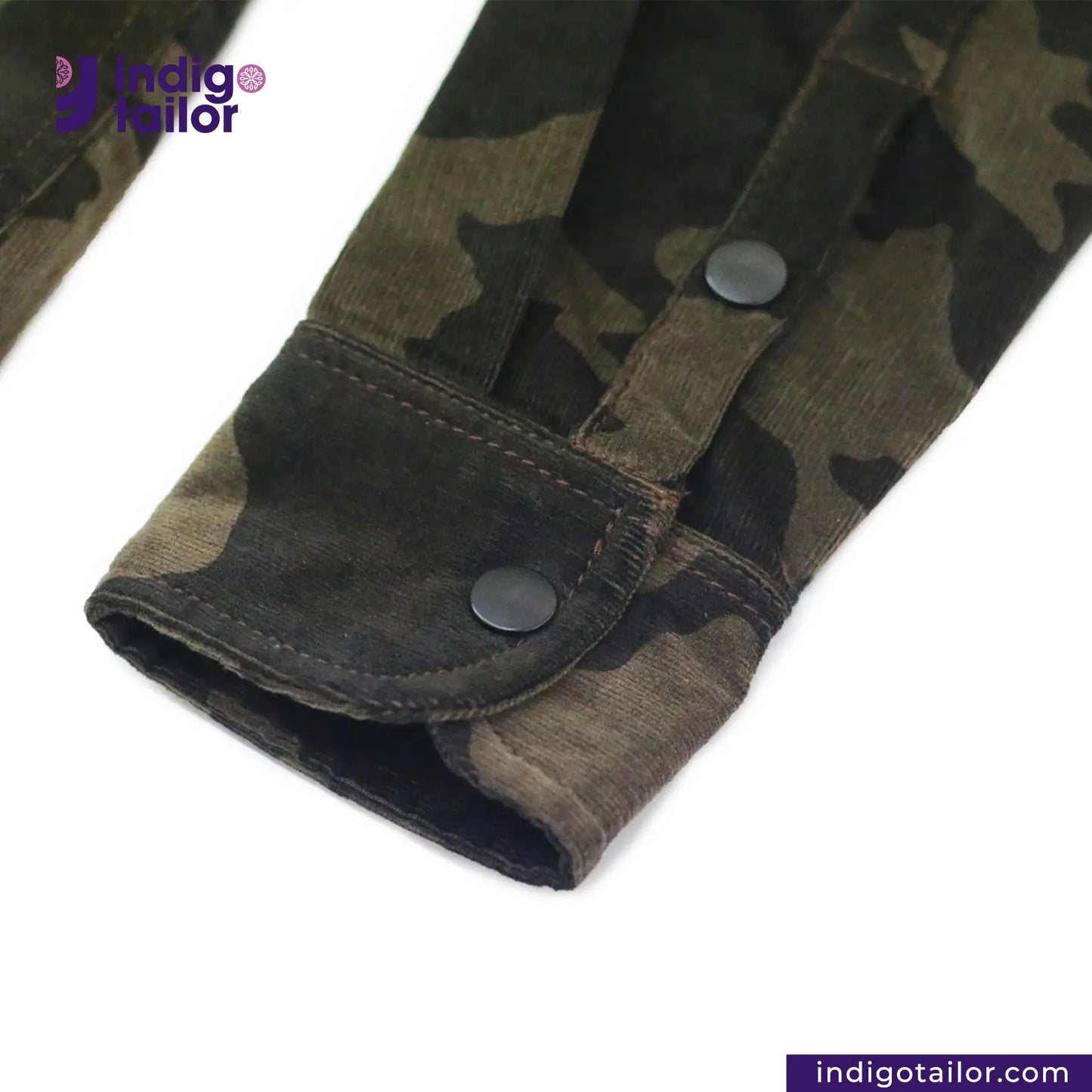 CORD CAMO OVERSHIRT Camouflage jacket with button details on a white background, featuring the Indigotailor brand.