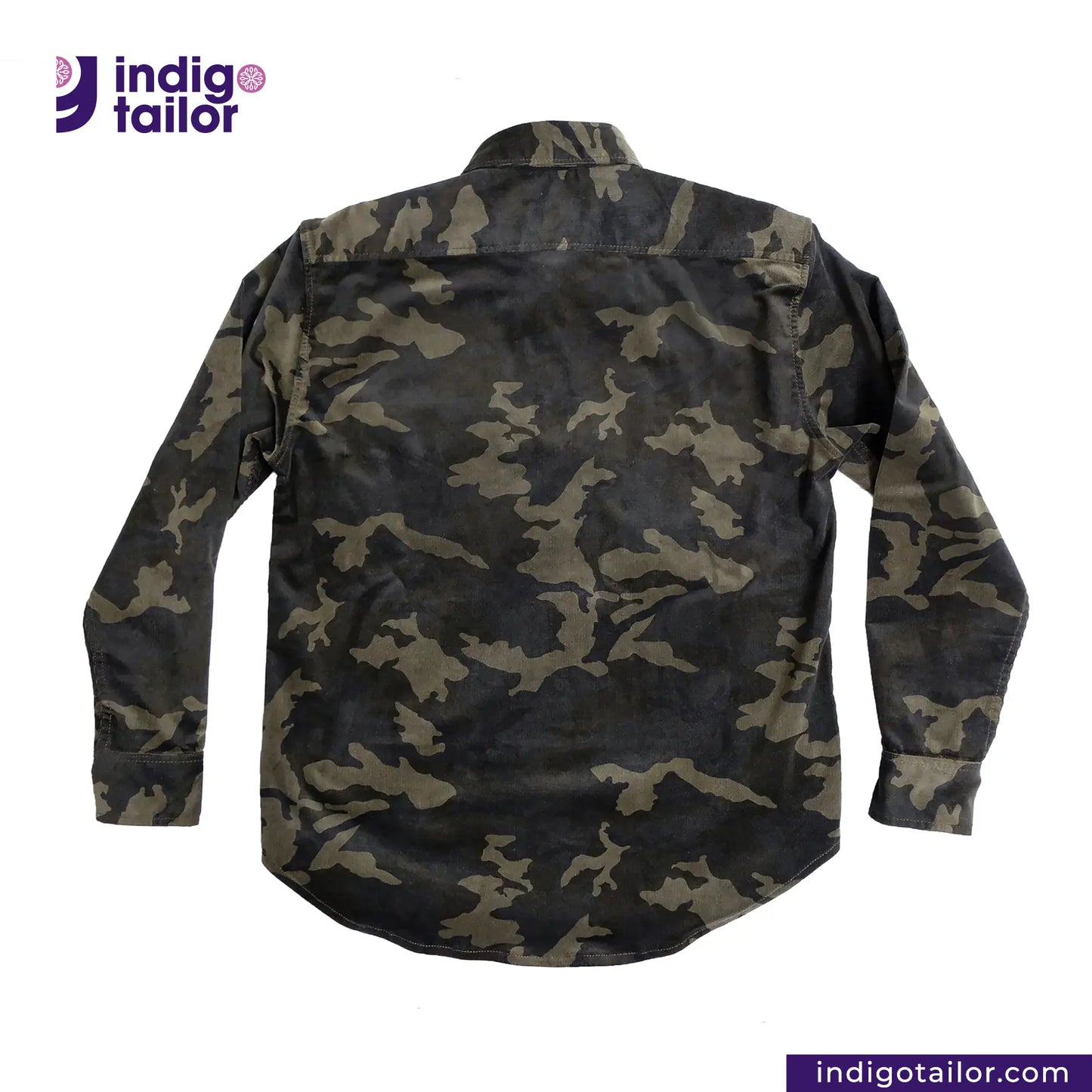 CORD CAMO OVERSHIRT Camouflage shirt with 'Indigotailor' logo on a white background
