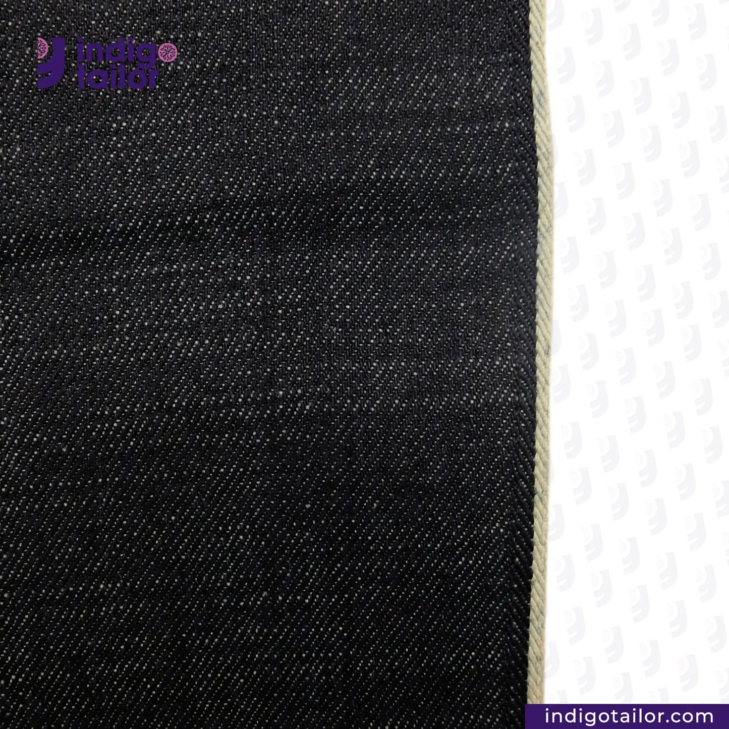 Close-up of CROSS HATCH DENIM WHITE SELVEDGE fabric with a visible brand logo on a white background.