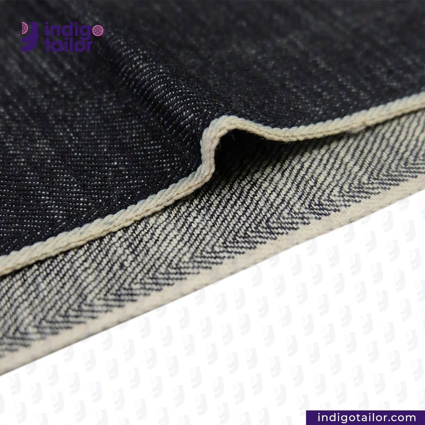 Close-up of CROSS HATCH DENIM WHITE SELVEDGE fabric with a visible brand logo and website.