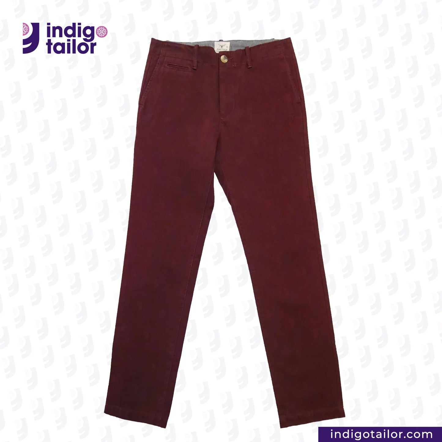 Chino Burgundy pants on a white background with 'Indigo Tailor' branding.