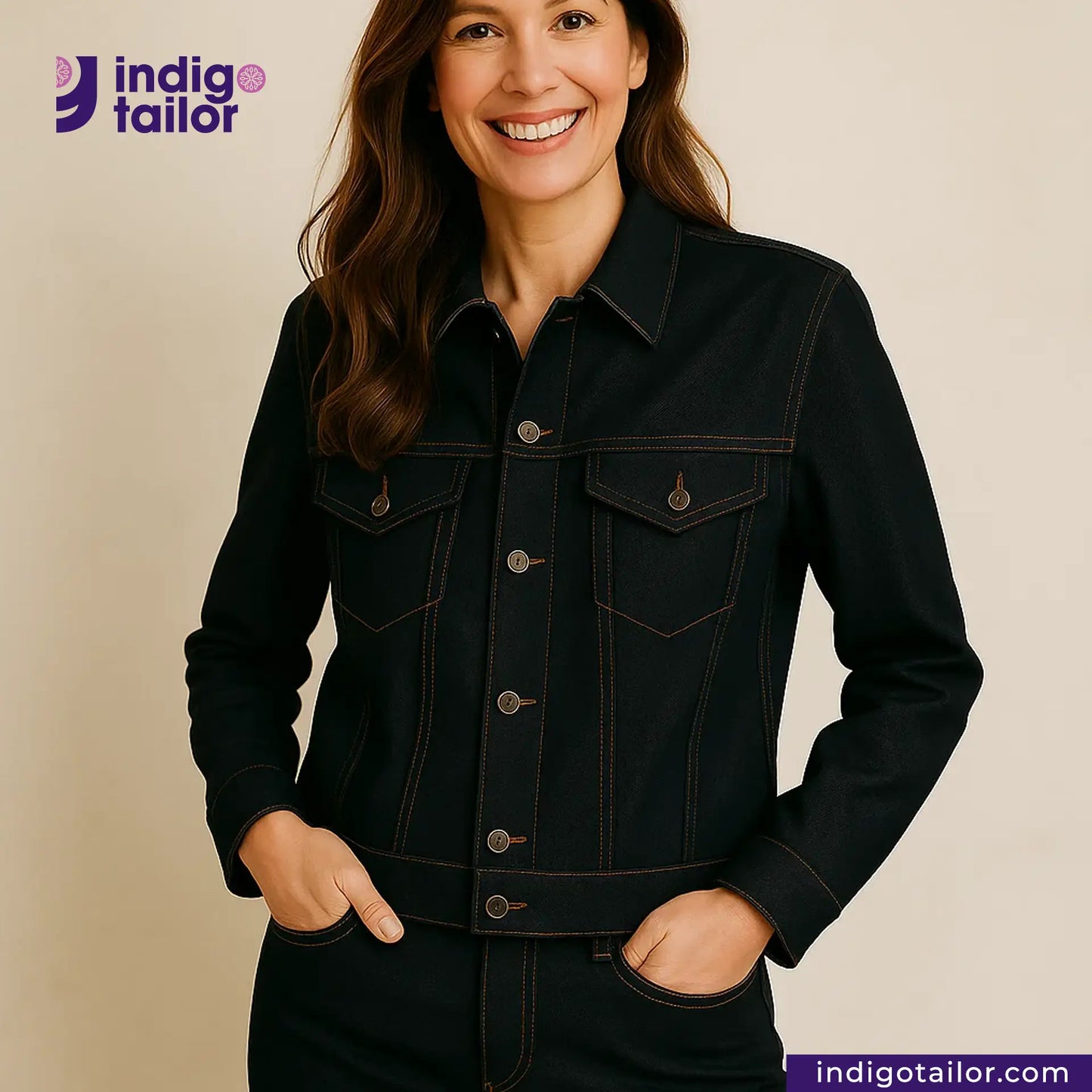 Woman wearing a DARK INDIGO x BLACK SELVEDGE DENIM jacket with Indigotailor logo and website on beige background