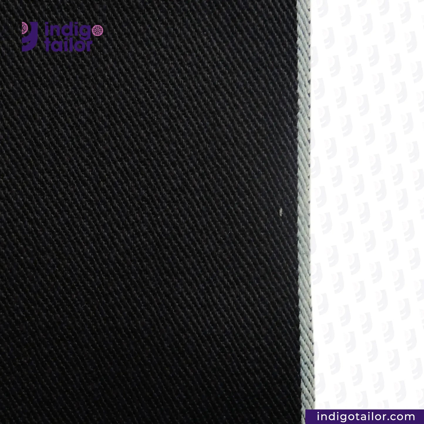 Close-up of DARK INDIGO x BLACK SELVEDGE DENIM fabric texture with 'Indigo Tailor' logo.