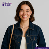 Woman wearing a DARK WASHED SELVEDGE DENIM LIME SELVEDGE ID jacket with Indigotailor logo and website in the corner.
