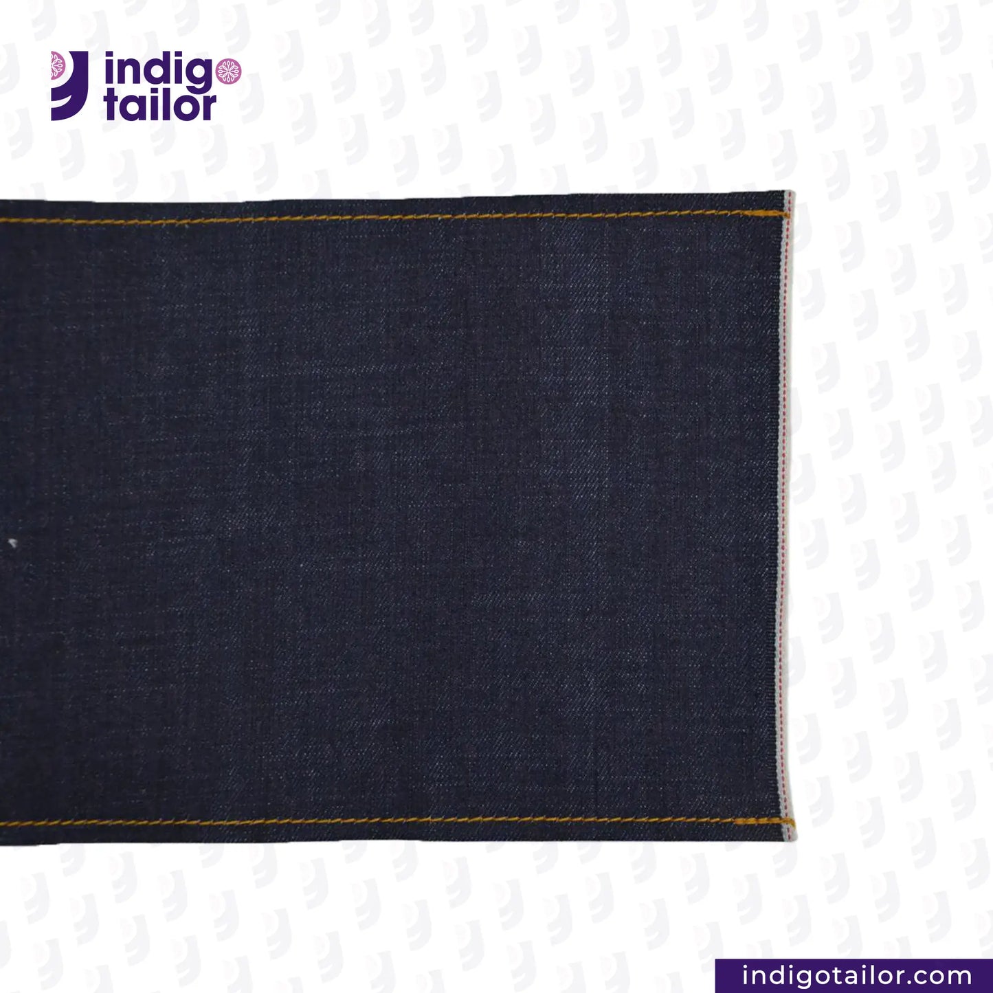 DEEP INDIGO DOTTED BRONZE SELVEDGE denim fabric with yellow stitching on a white background, featuring the Indigotailor logo.