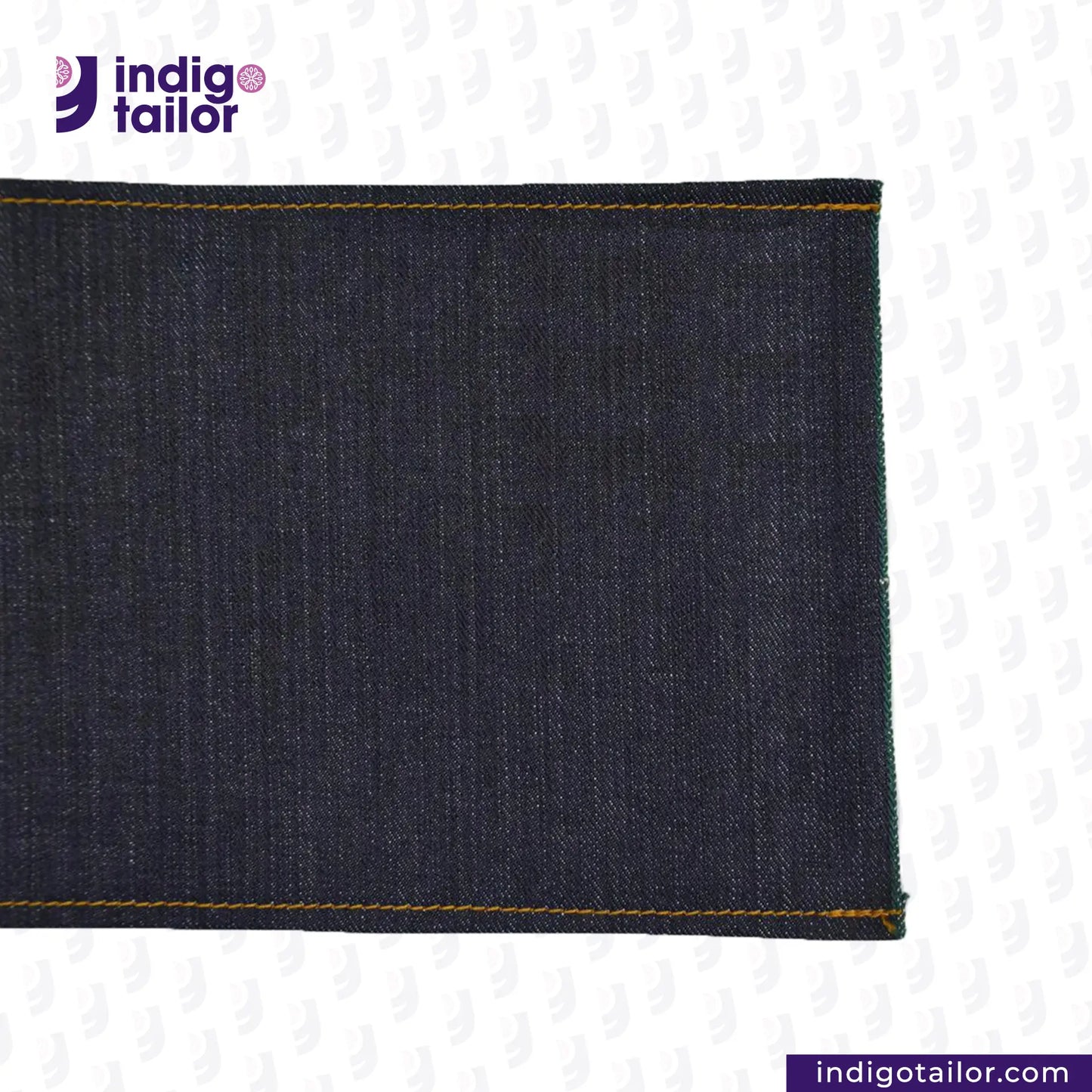 DEEP INDIGO FOREST GREEN SELVEDGE DENIM fabric with yellow stitching on a white background, featuring the Indigotailor logo.