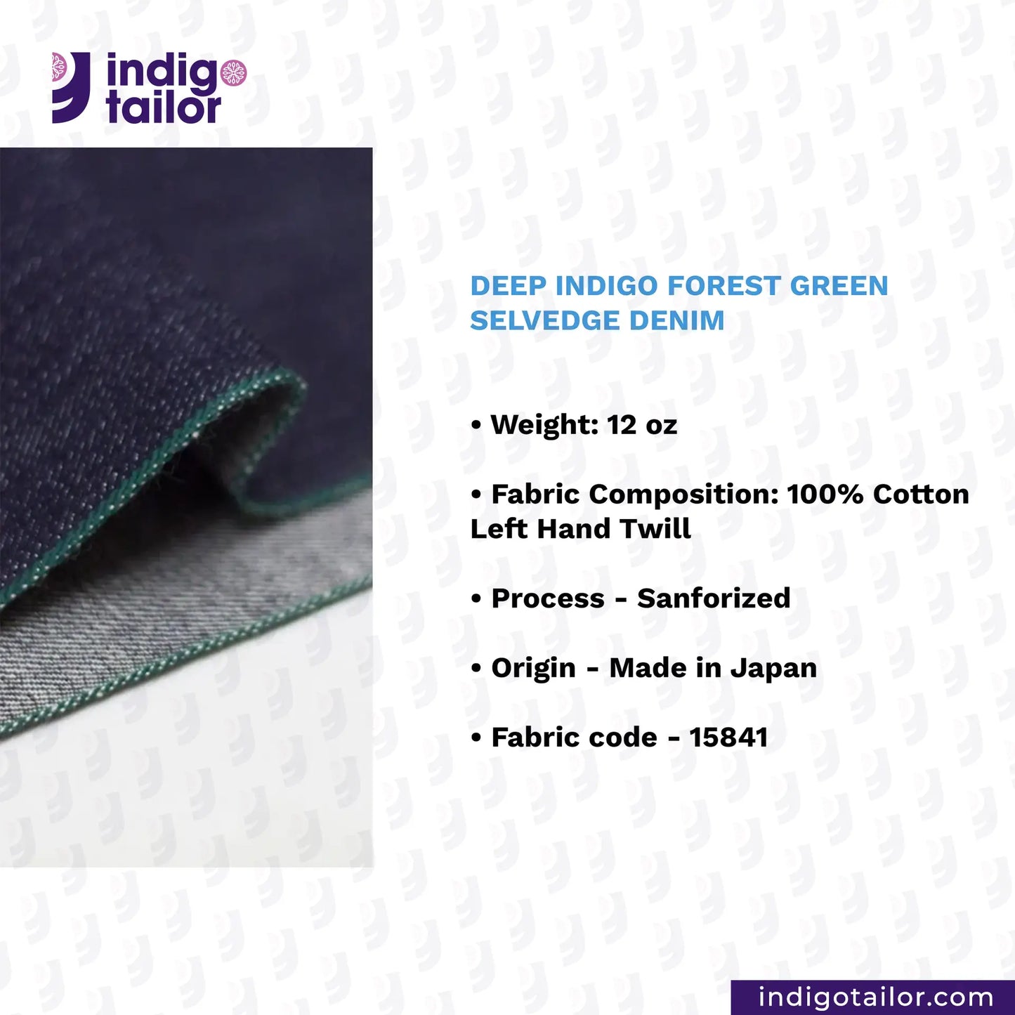 Deep indigo forest green selvedge denim with product details on a light gray background