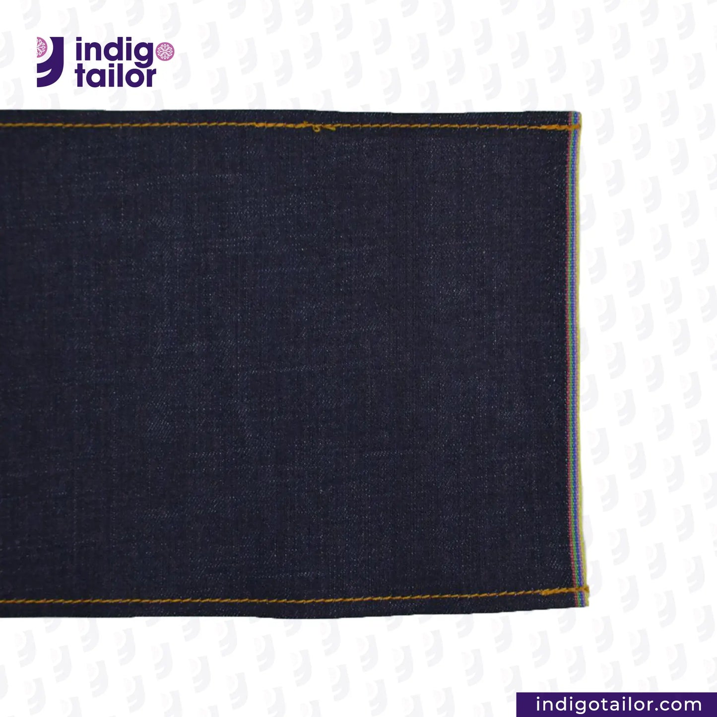 DEEP INDIGO RAINBOW STRETCH SELVEDGE DENIM fabric with yellow stitching on a white background, featuring the Indigotailor logo.